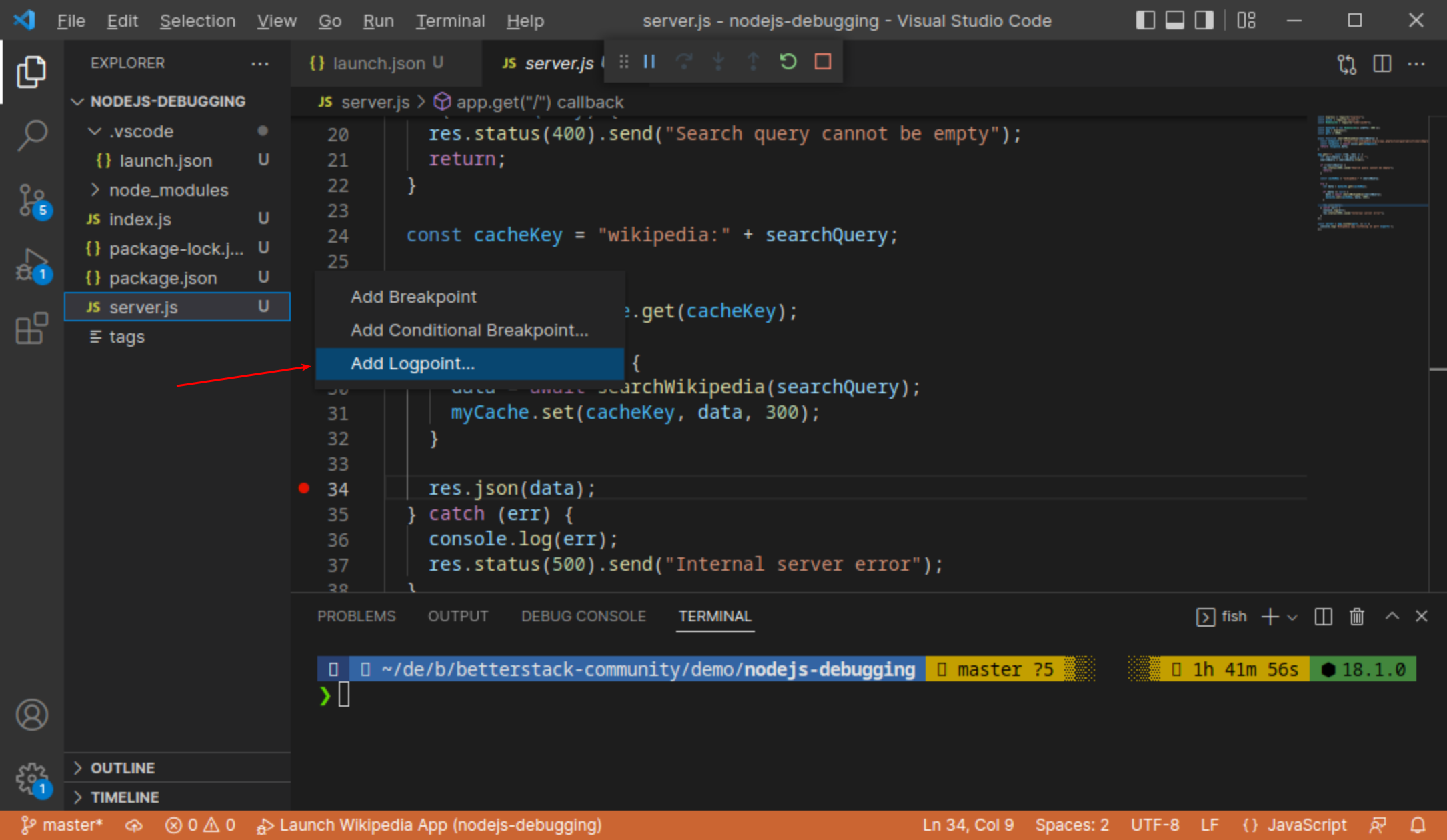 VS Code create logpoint