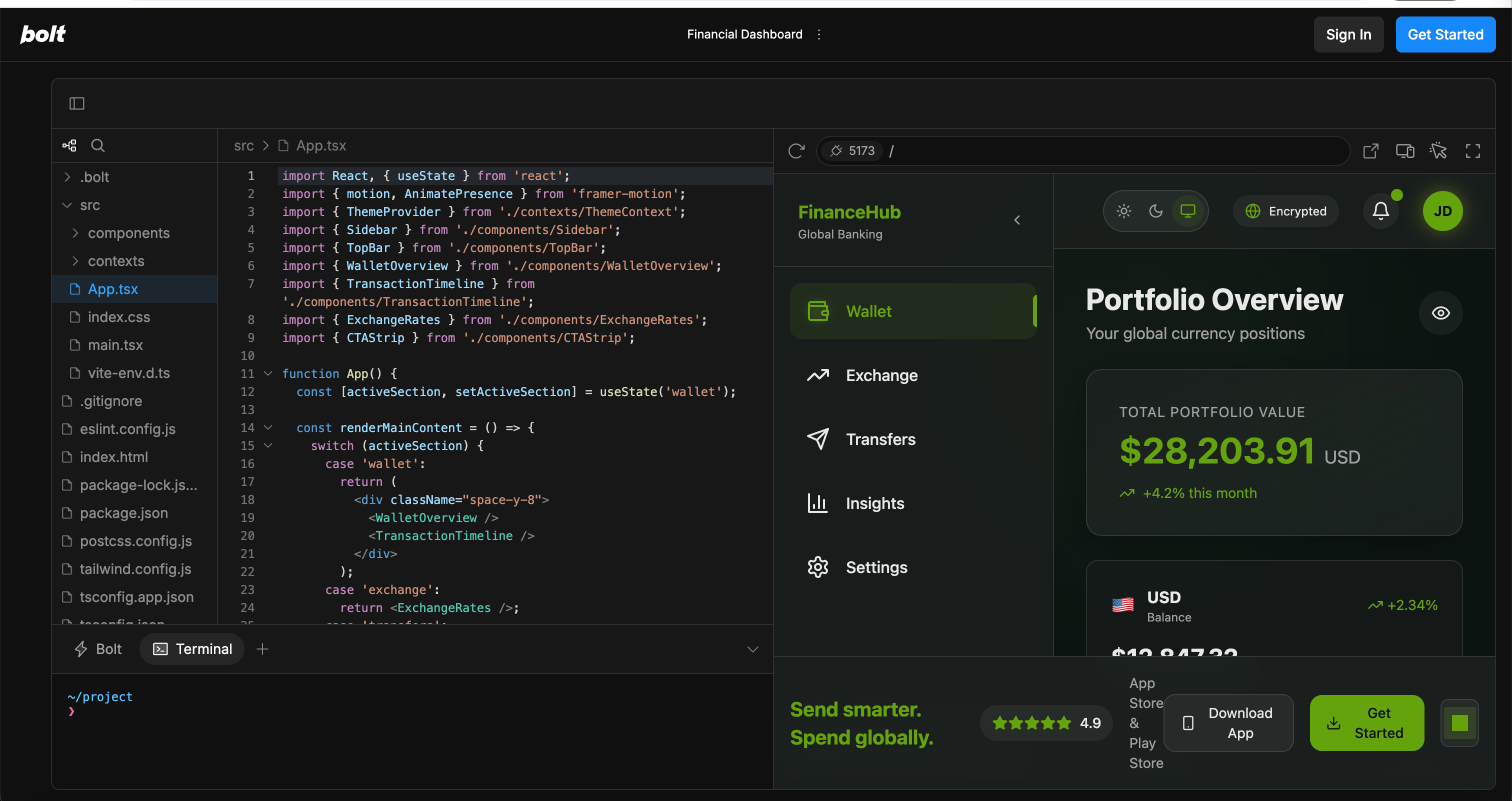 Bolt.new WebContainers environment showing full-stack development with npm packages and real-time preview
