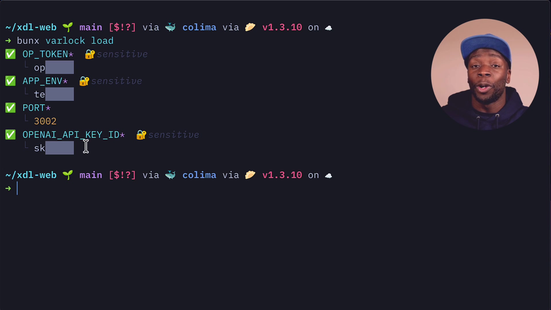 Terminal output from varlock load showing OPENAI_API_KEY has been successfully resolved with its sensitive value fetched from 1Password and hidden