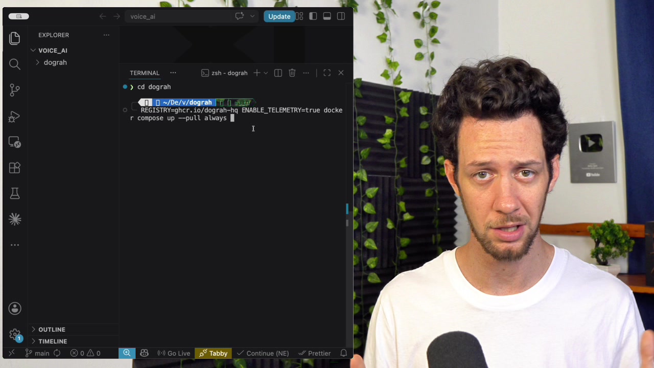 Terminal showing docker compose up followed by Docker pulling containers including redis, cloudflared, api, ui, and postgres