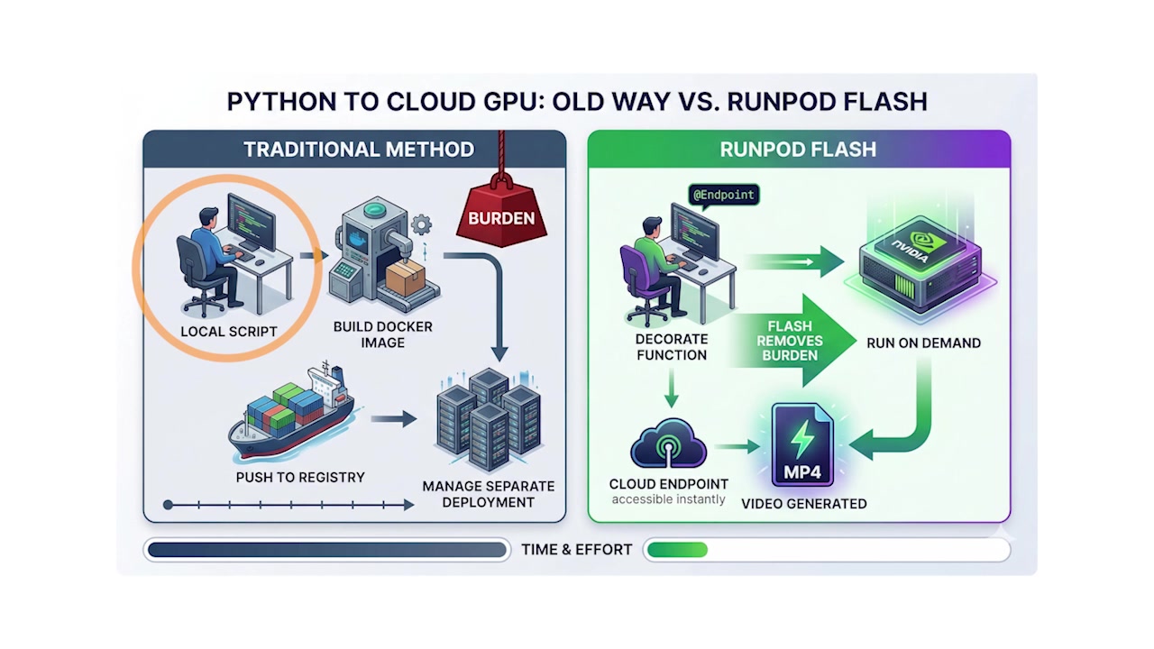 Infographic comparing the complex traditional deployment method with the streamlined Runpod Flash workflow