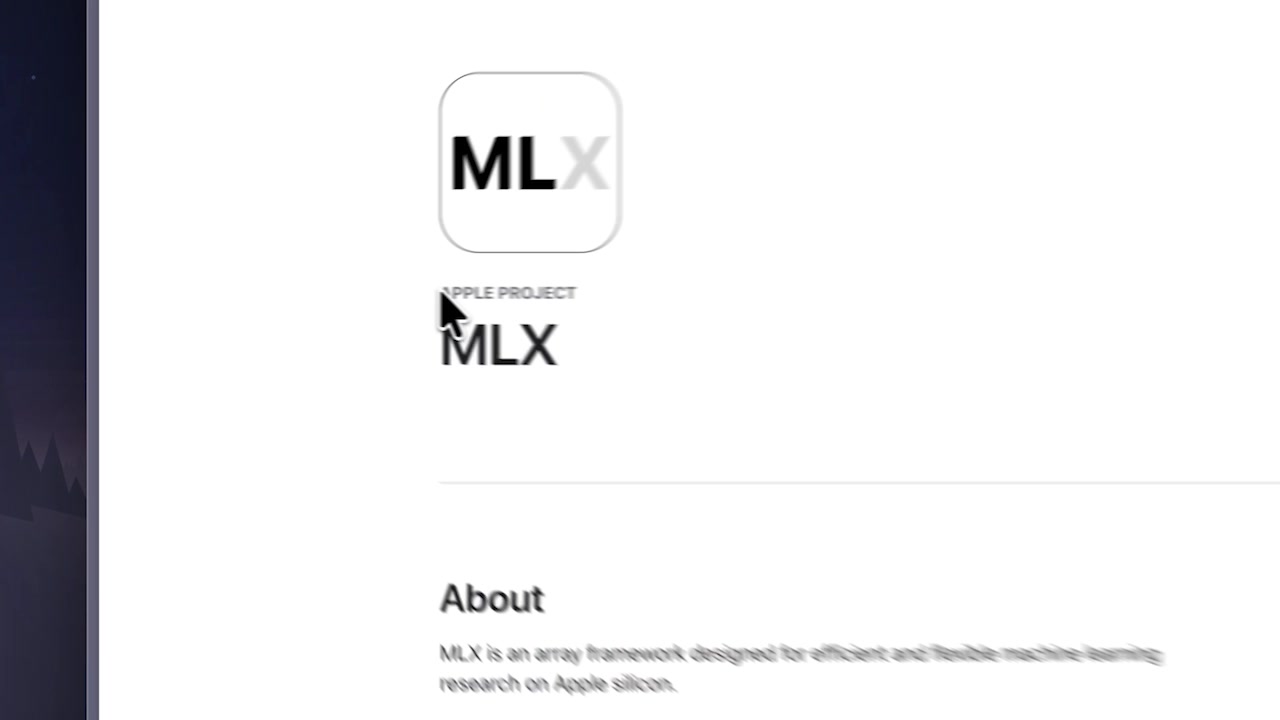 Overview of Apple's MLX project webpage showing its purpose as an array framework for Apple Silicon