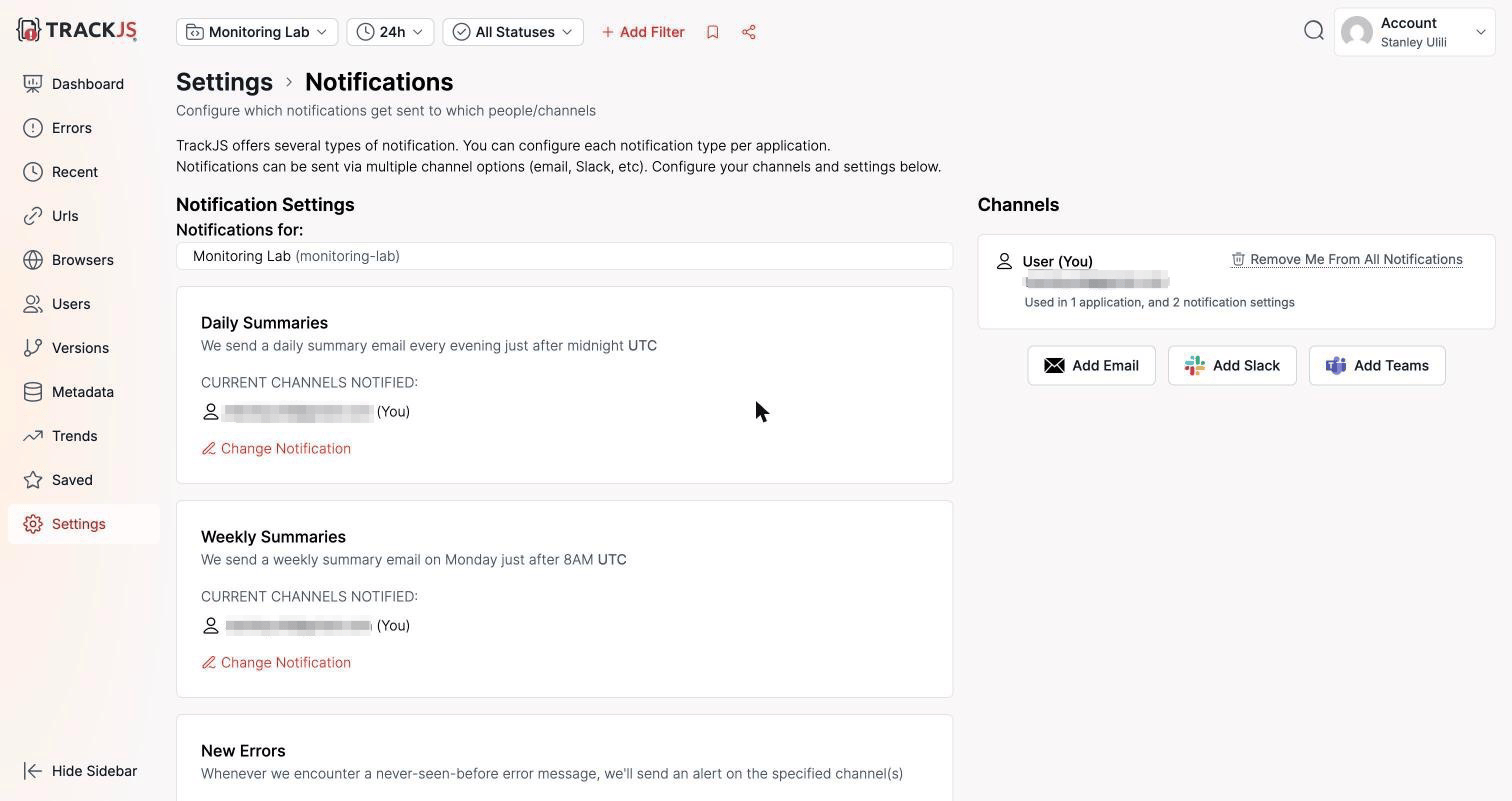 TrackJS notification settings
