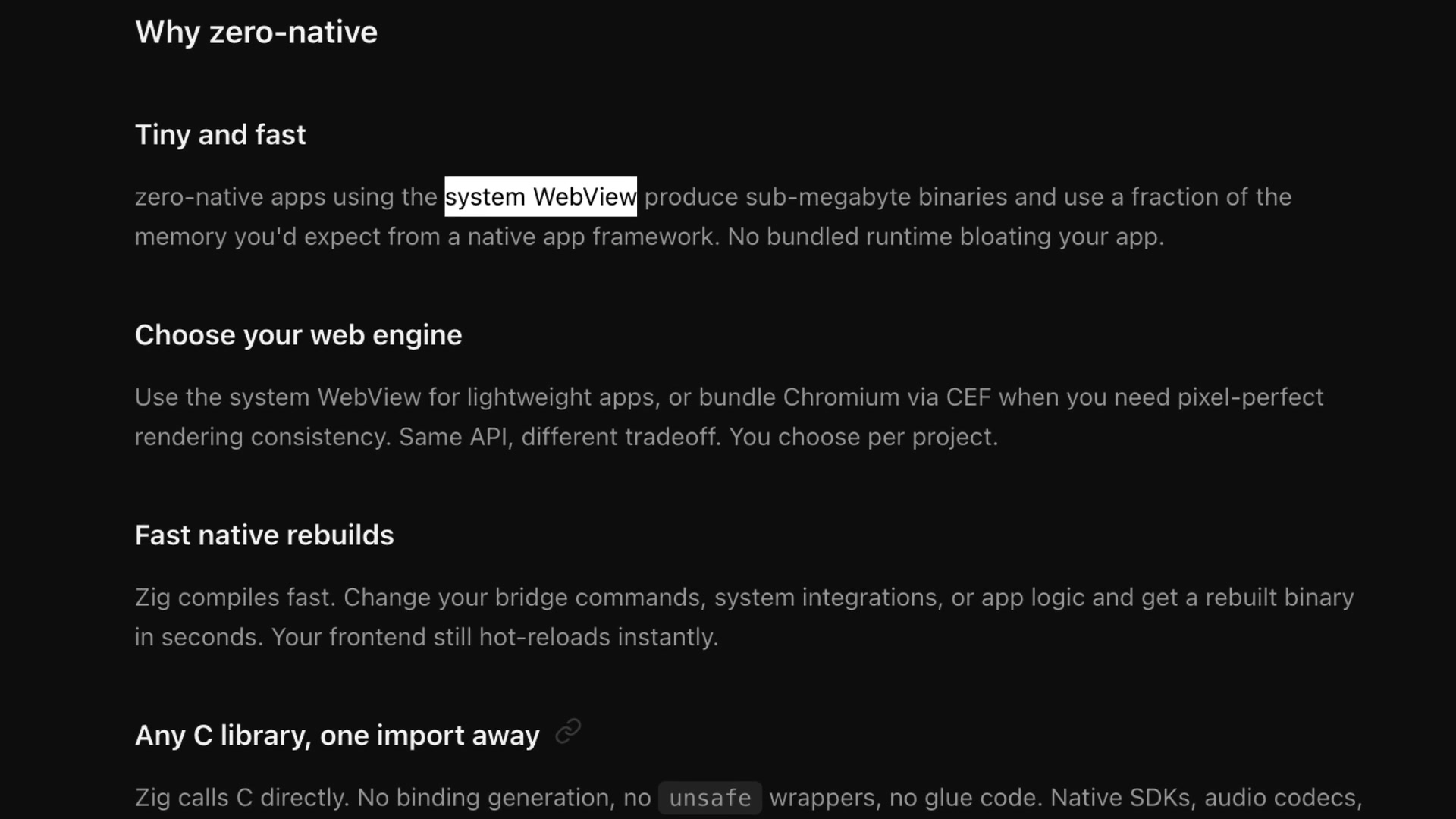 Zero-Native documentation screenshot highlighting its core benefits: Tiny and fast, choose your web engine, and fast native rebuilds