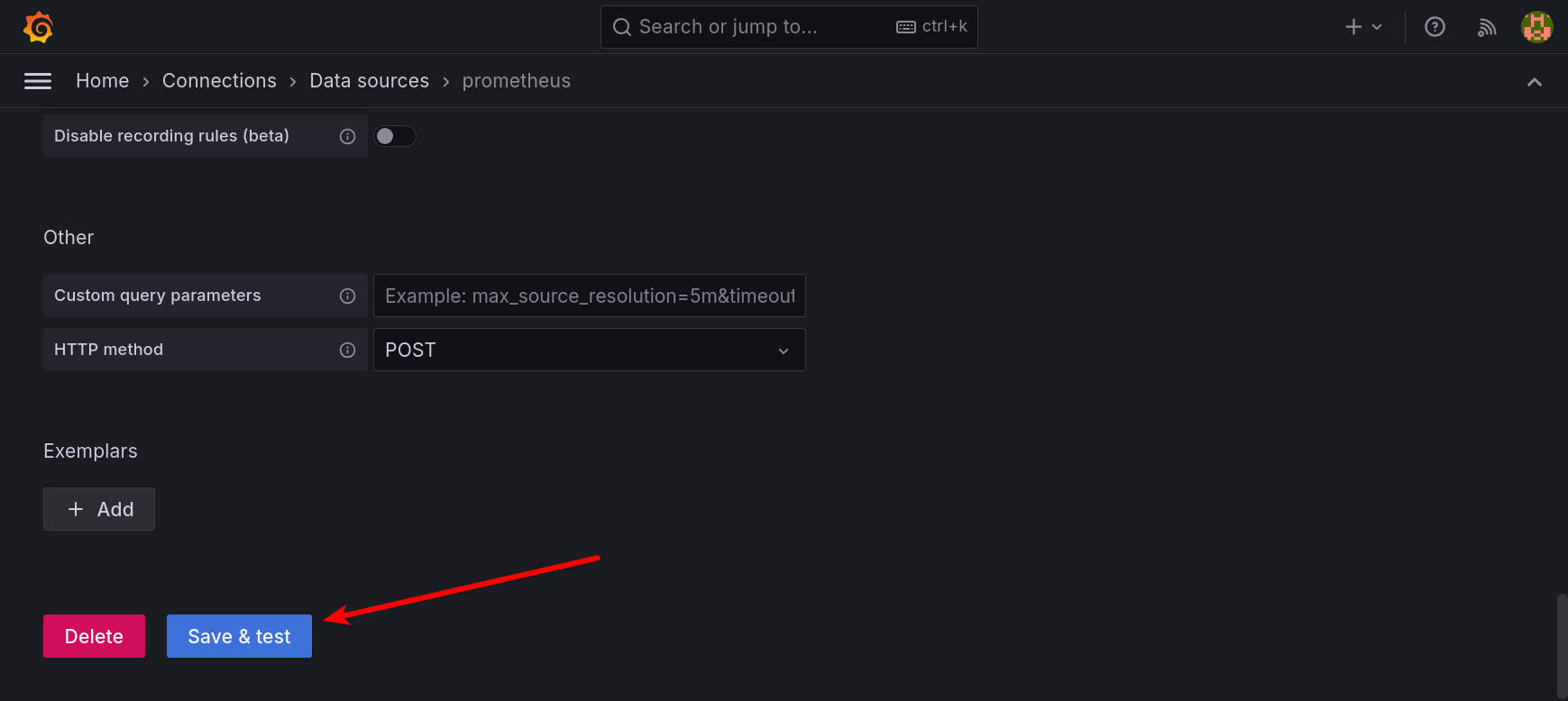 Save and test data source in Grafana