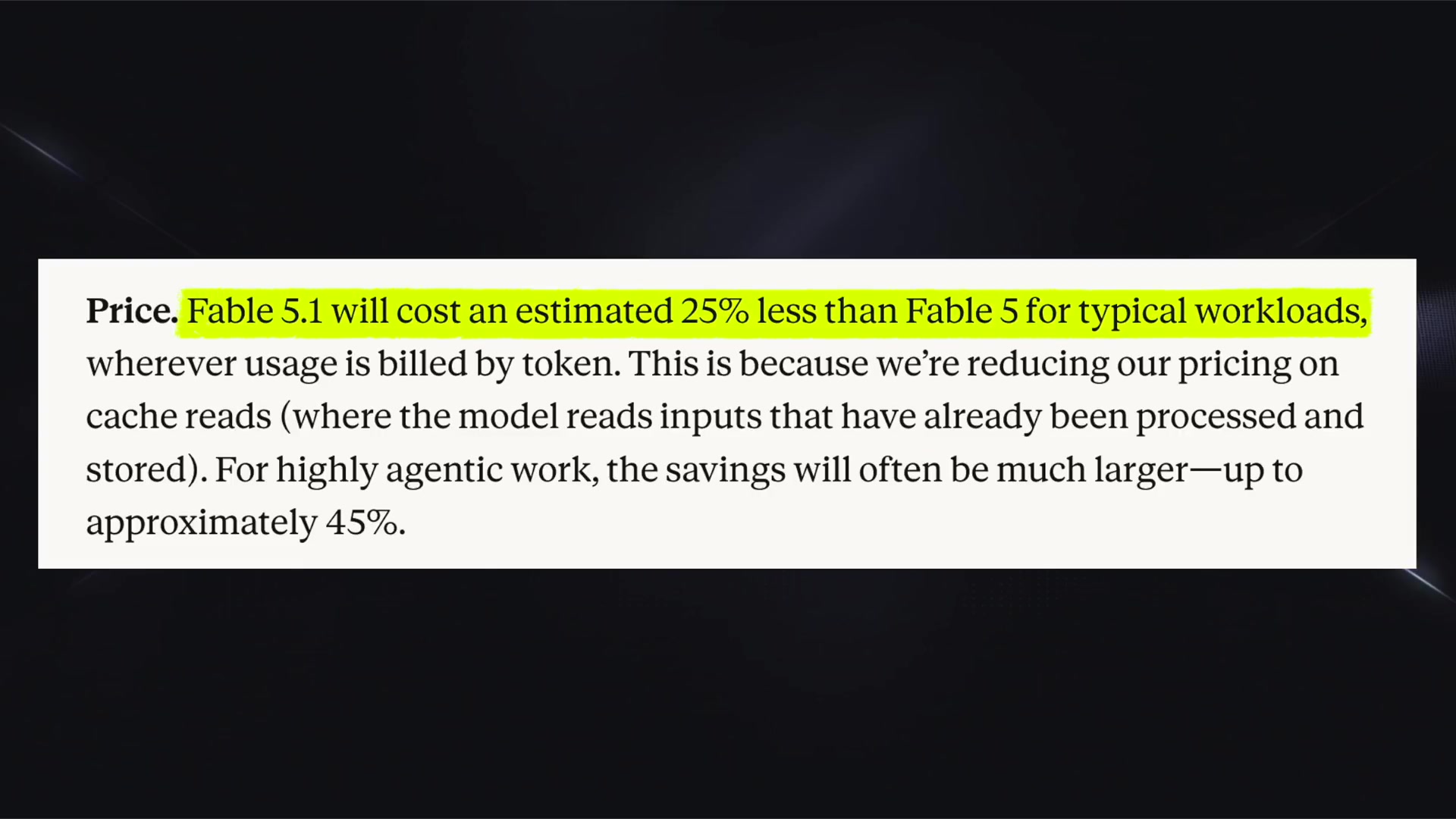 A pricing comparison chart showing the cache read price drop from $1.00 (Fable 5) to $0.25 (Fable 5.1) per million tokens.