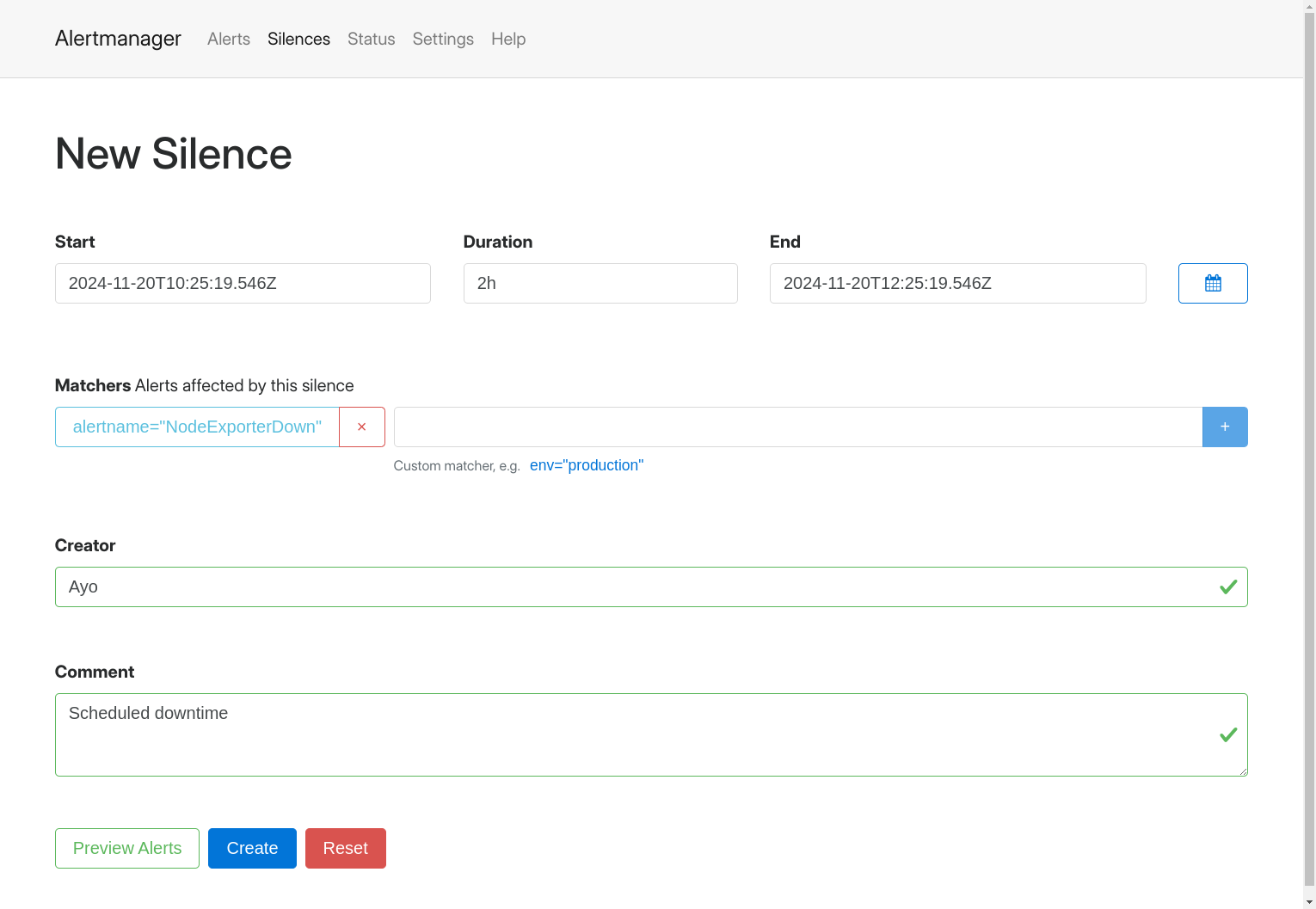 Creating a silence in Alertmanager