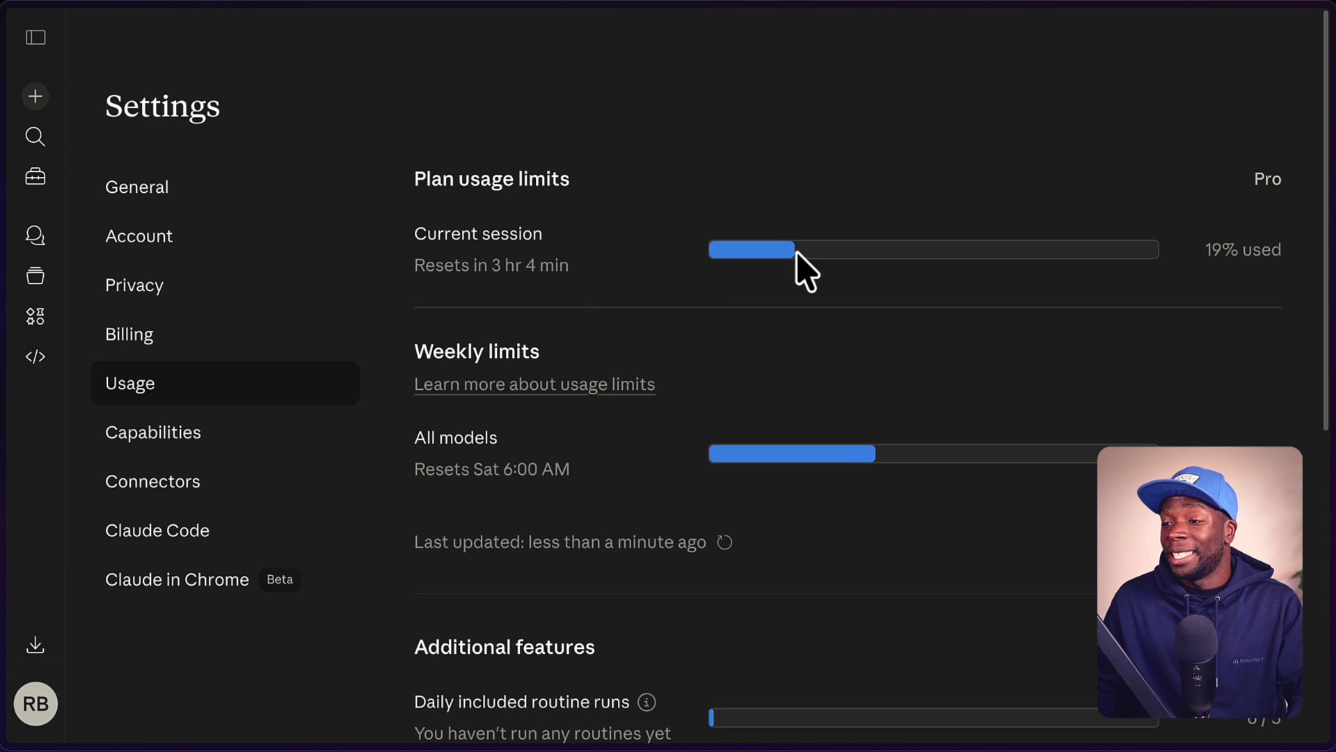 Claude Code settings page showing the "Plan usage limits" progress bar indicating 19% used