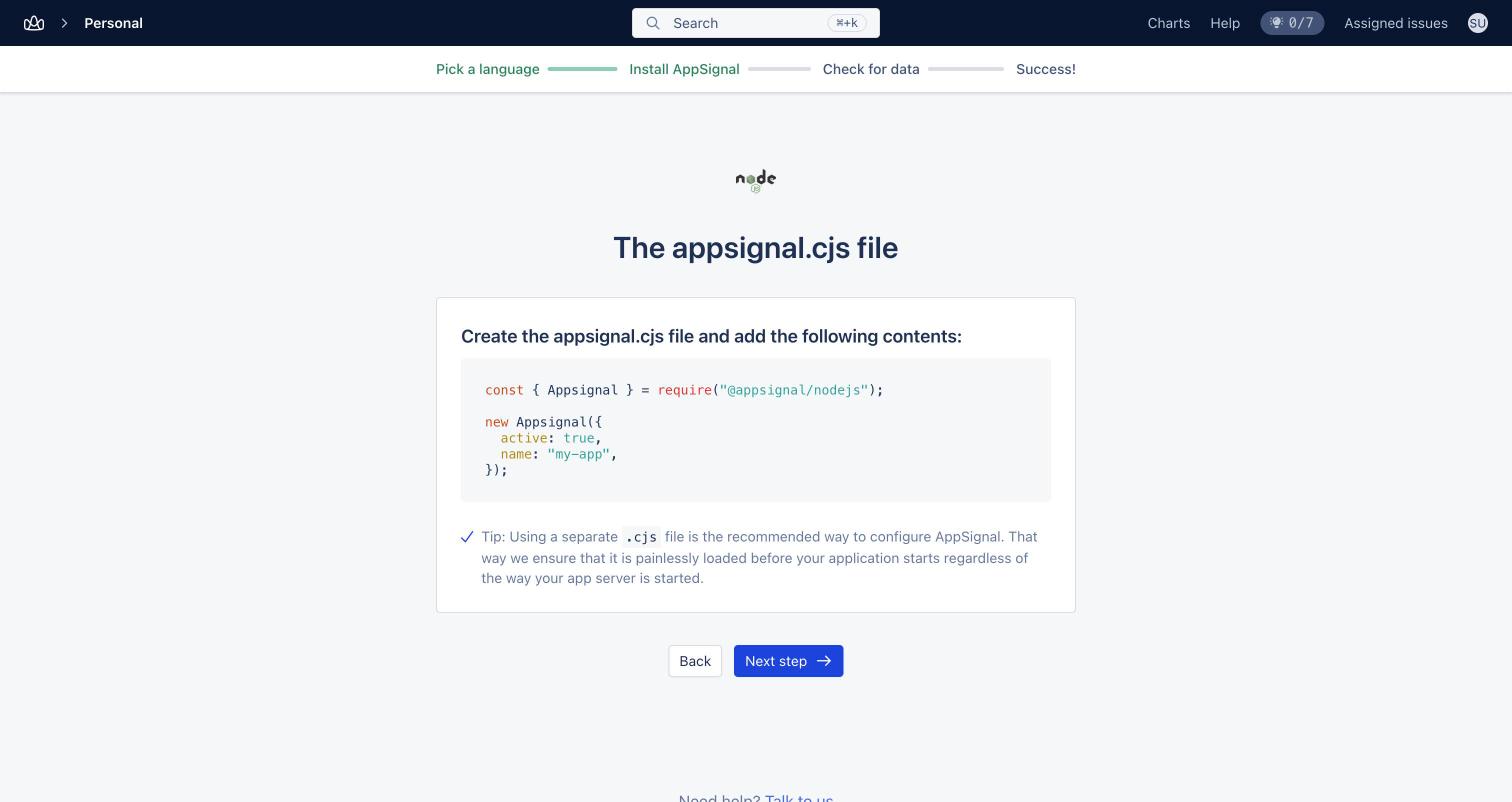 AppSignal step creating the appsignal.cjs file