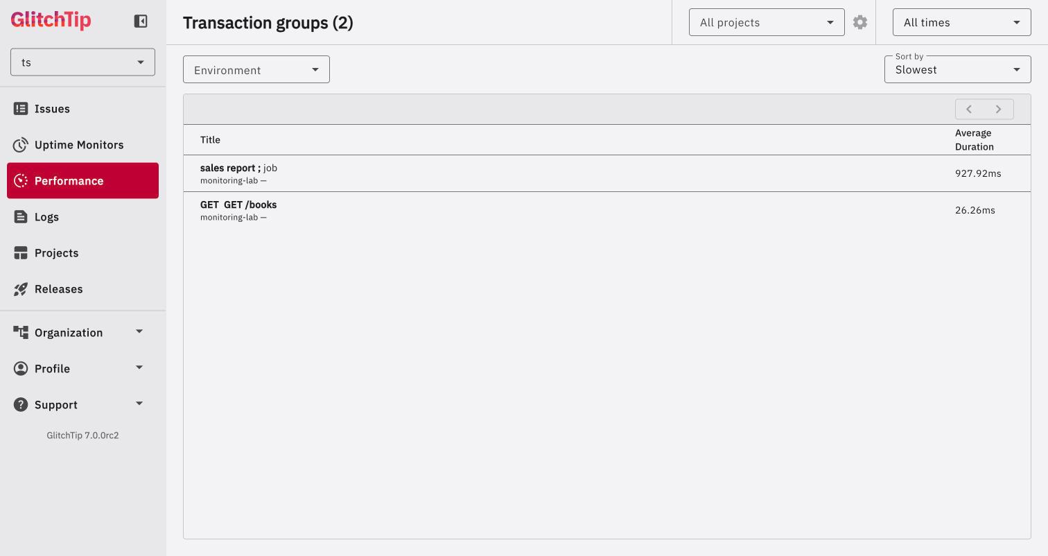 GlitchTip Performance page after switching the trace lifecycle