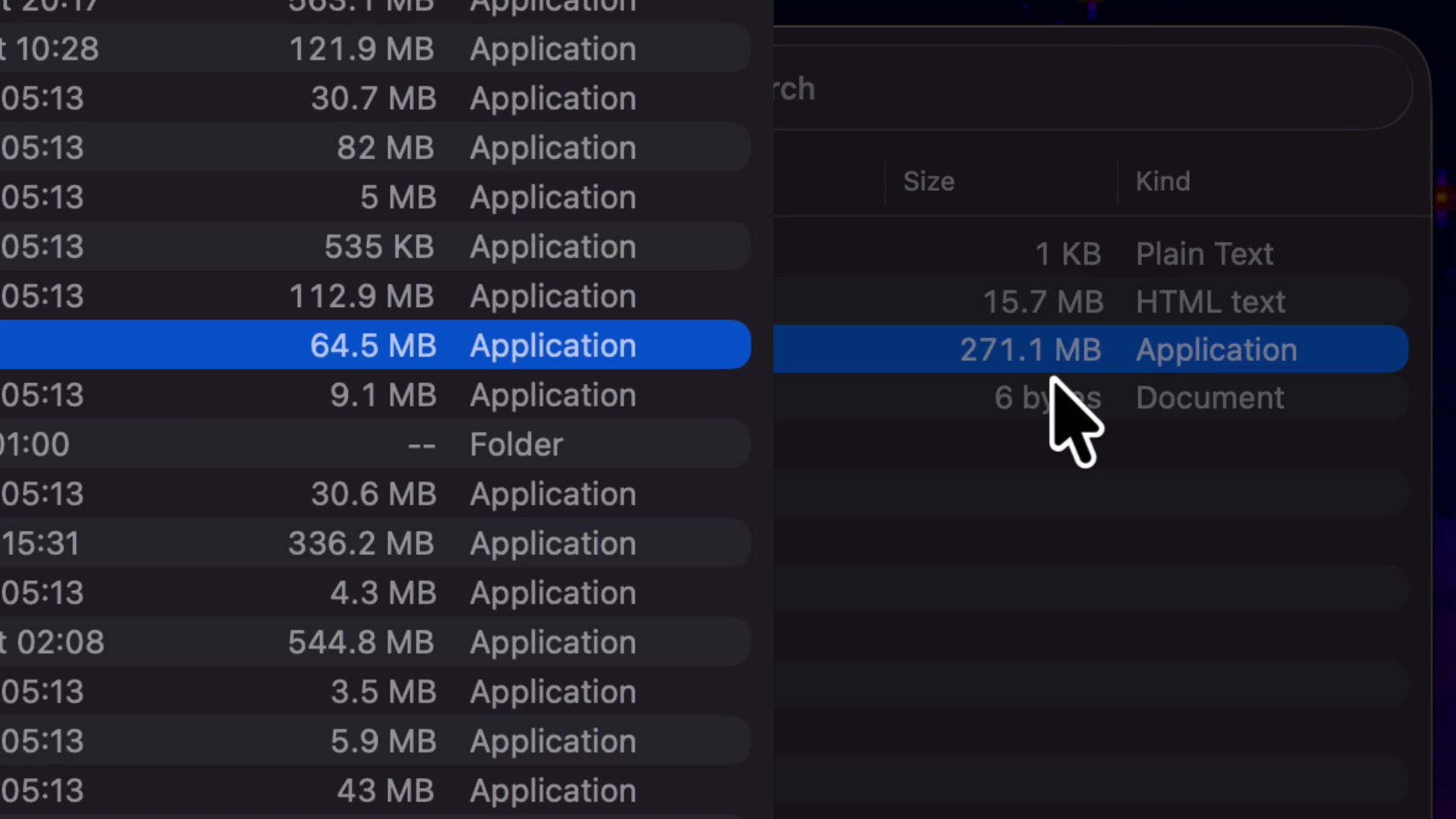 Side-by-side file explorer view showing a packaged Electrobun app at 64.5 MB next to an equivalent Electron app at 271.1 MB