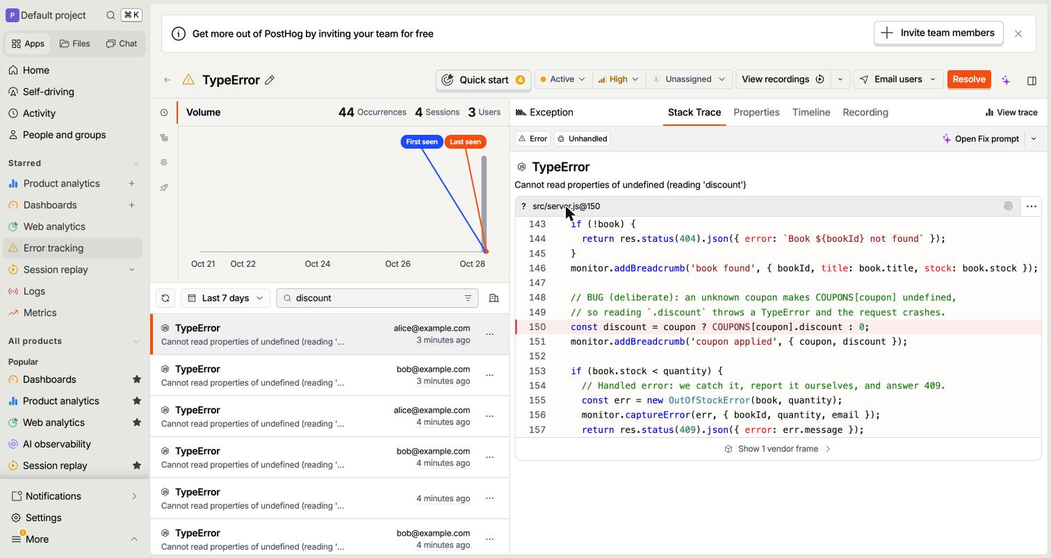 PostHog server error with source lines around server.js line 150