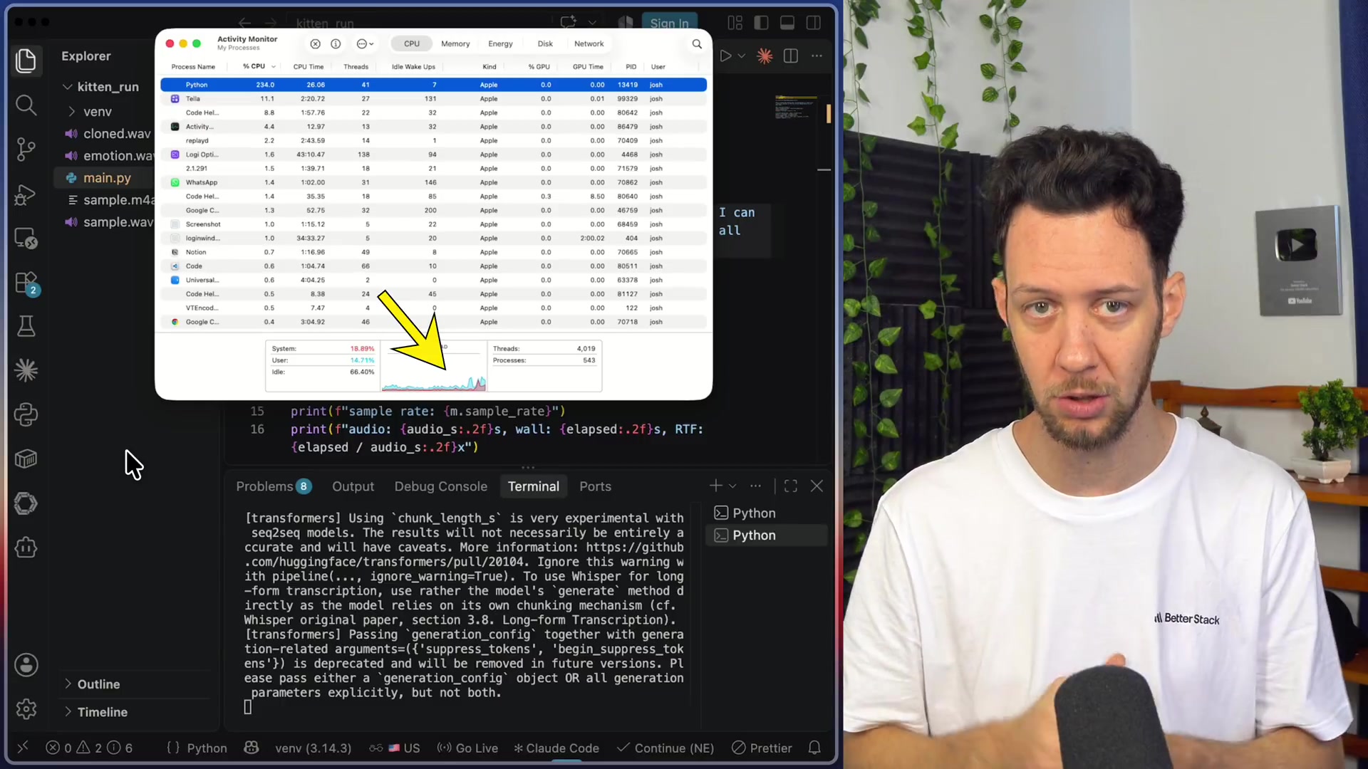 macOS Activity Monitor showing high CPU load while the GPU remains idle.