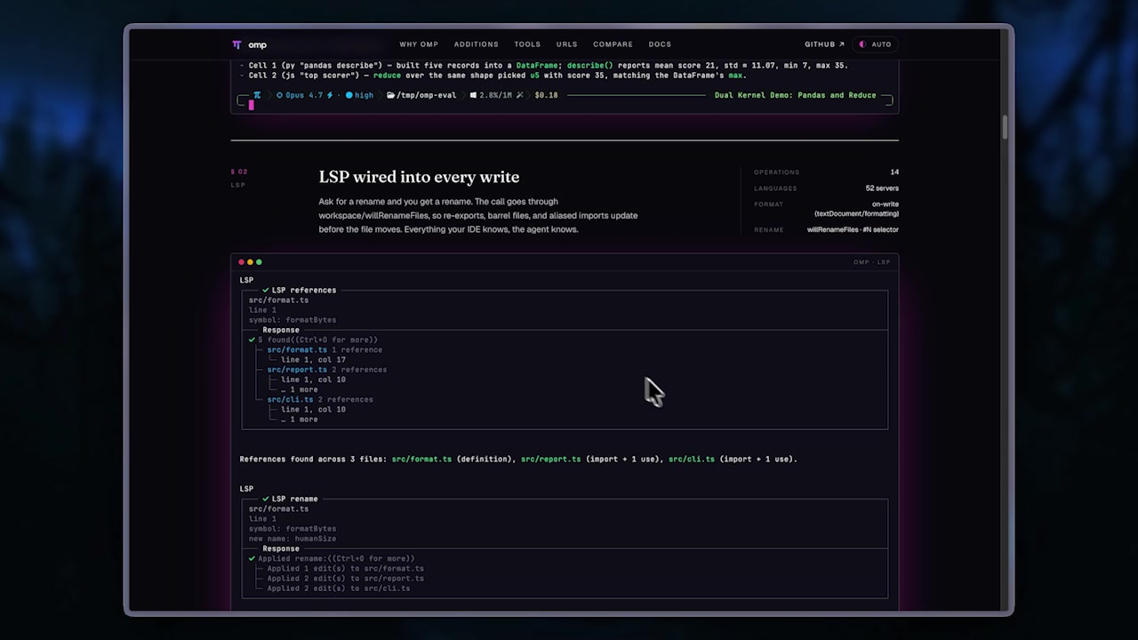 OMP website showing "LSP wired into every write" with a terminal example of LSP finding all references to a symbol across multiple files