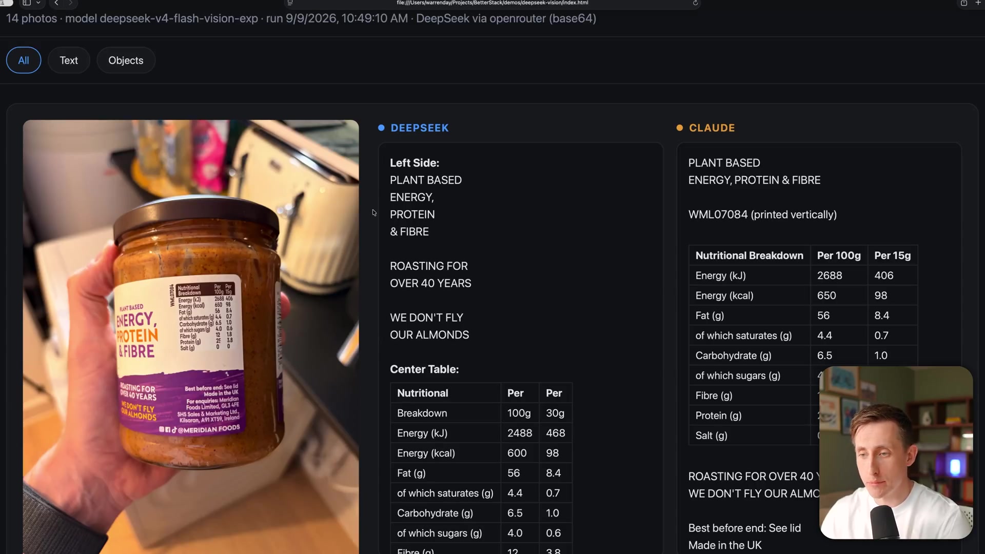A side-by-side comparison of DeepSeek's and Claude's text extraction from the almond butter nutritional label, clearly showing the discrepancy.