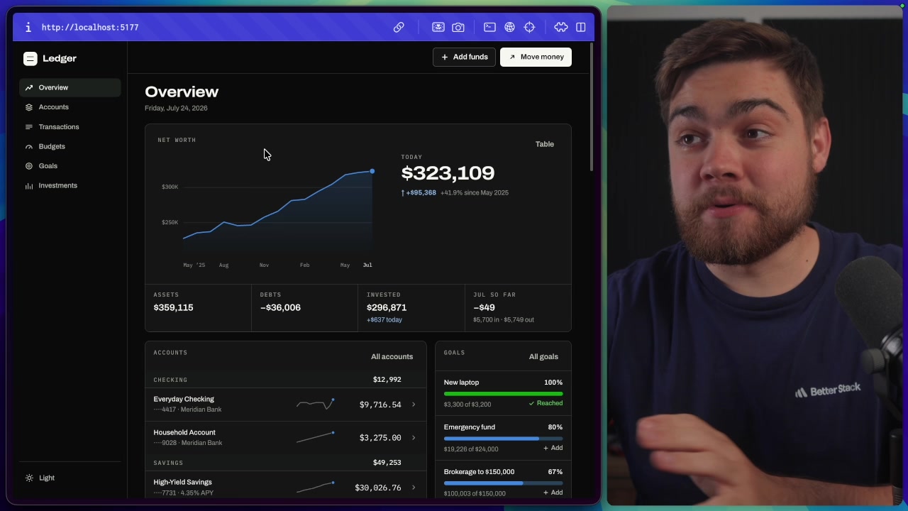 The polished and professional-looking user interface of the finance dashboard created by Claude Opus 5, showing graphs, accounts, and goals.