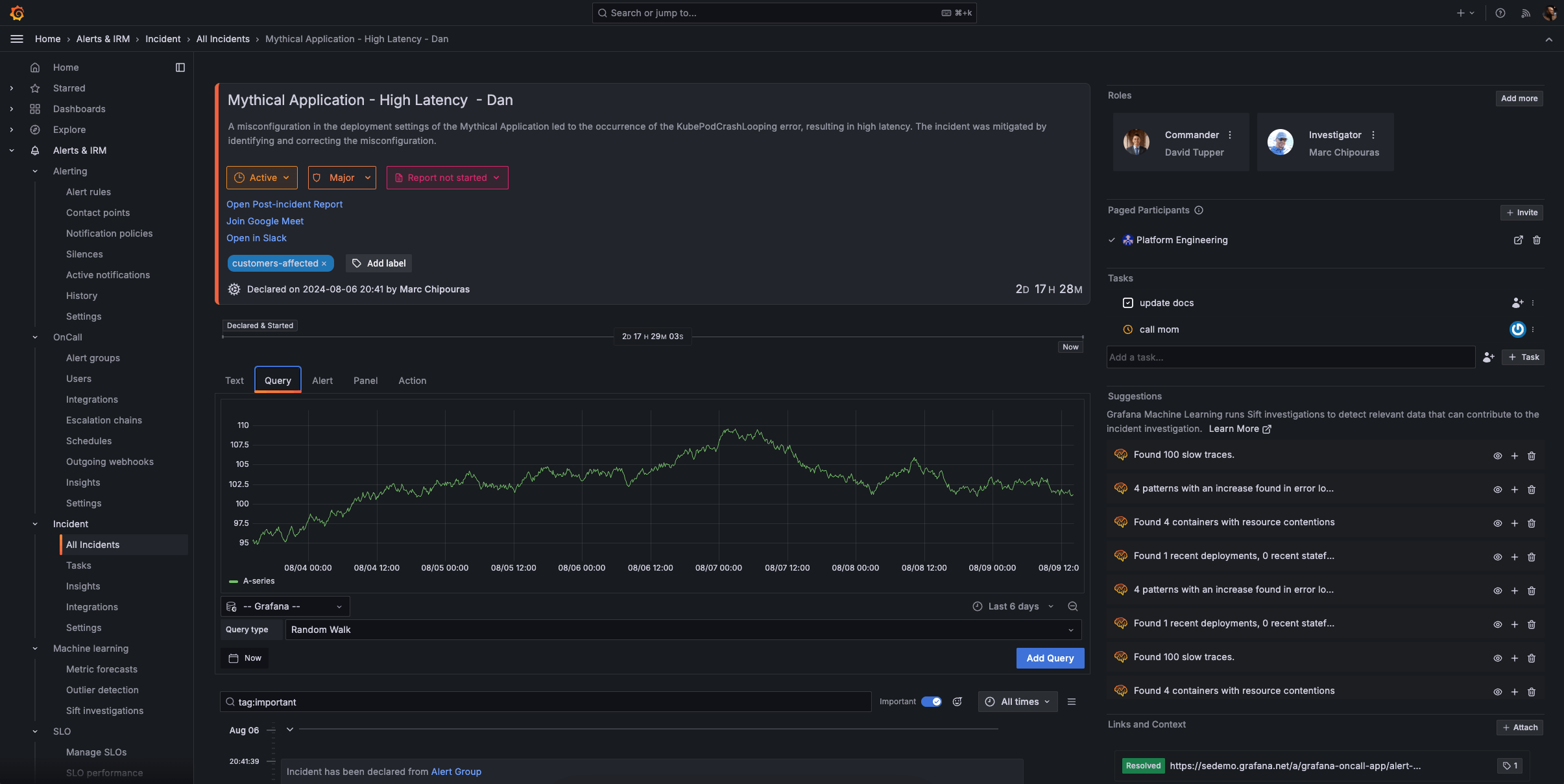SCREENSHOT: Grafana IRM incident timeline and declaration