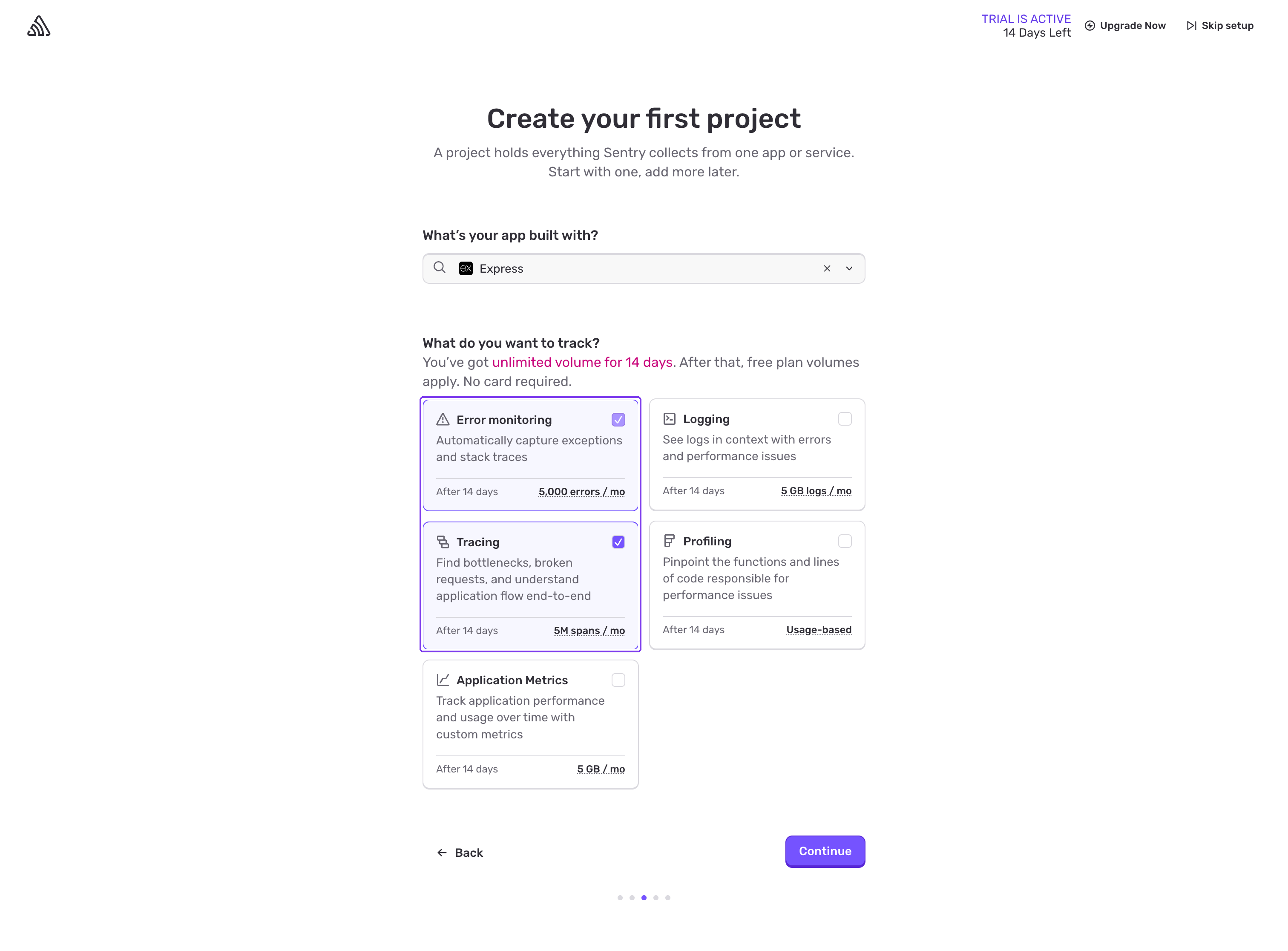 Sentry onboarding asking what to track, with error monitoring and tracing selected