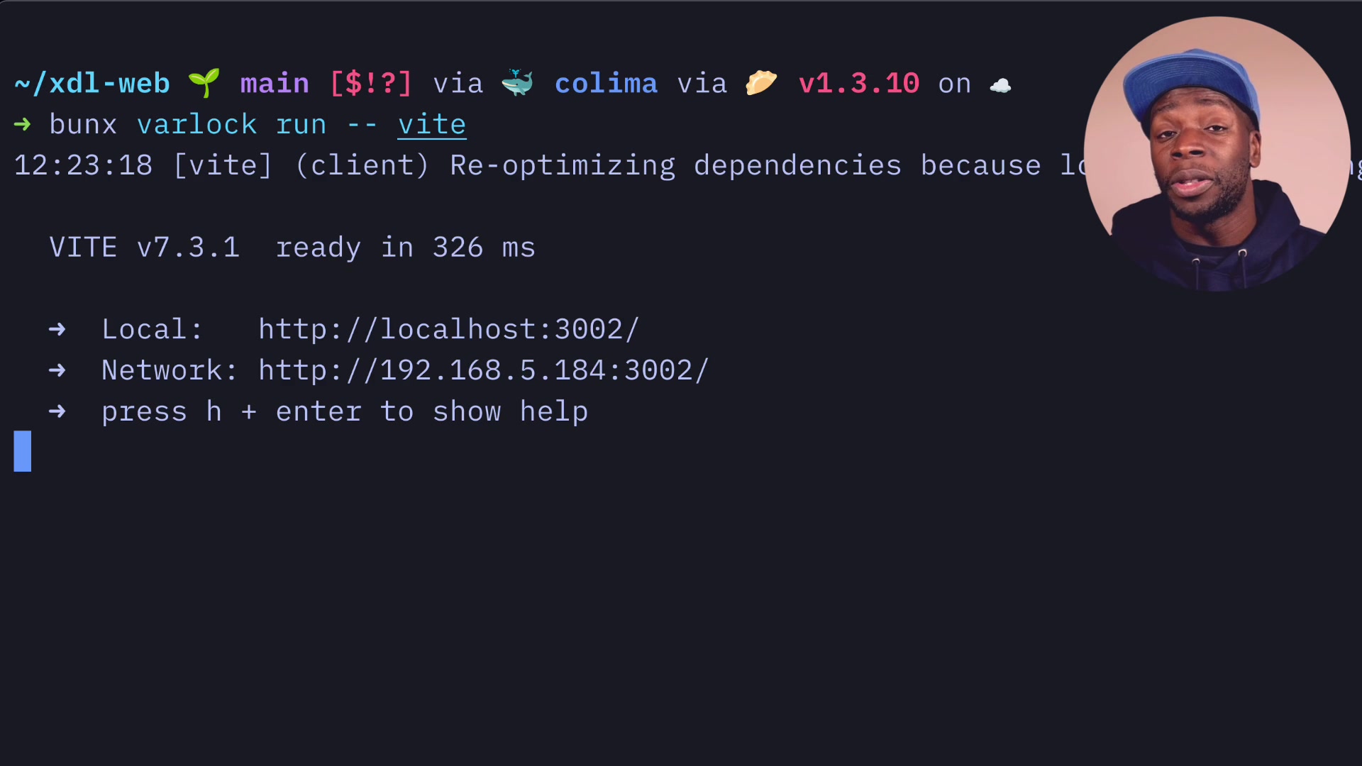 Terminal output showing the Vite development server started and listening on http://localhost:3002, the port specified in the schema