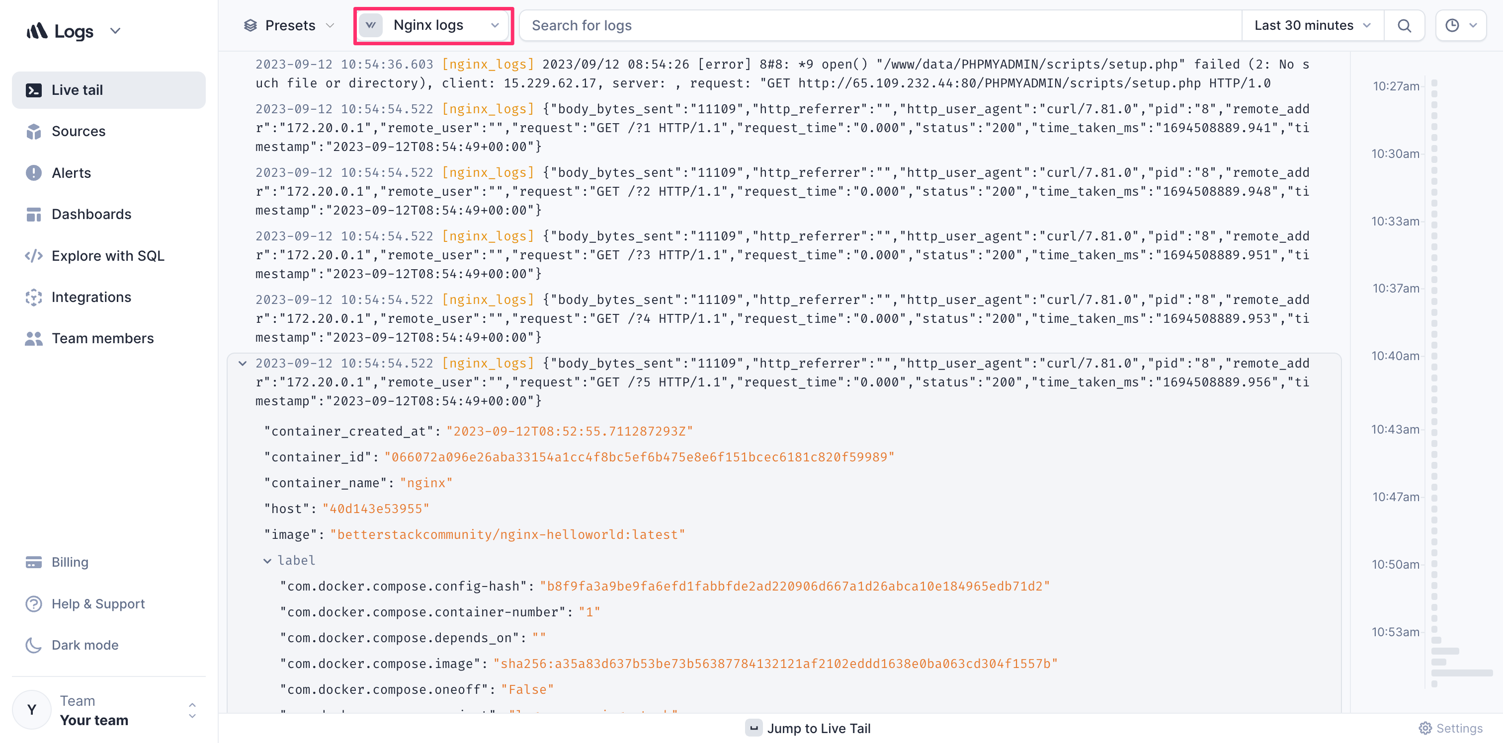 Screenshot of Nginx logs in Better Stack