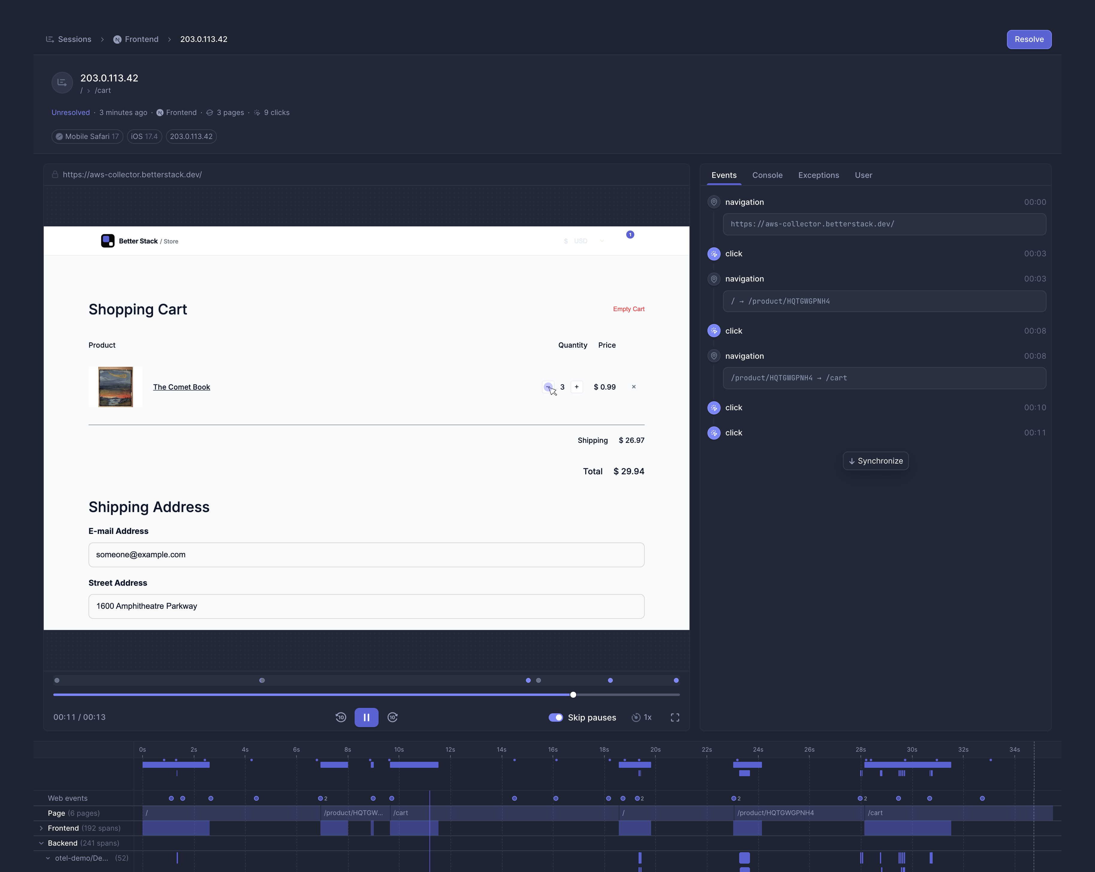 Session detail with replay, events, and timeline