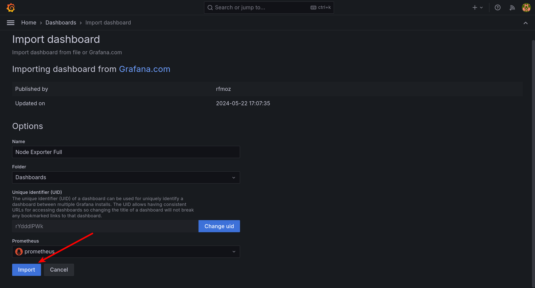 Import dashboard in Grafana