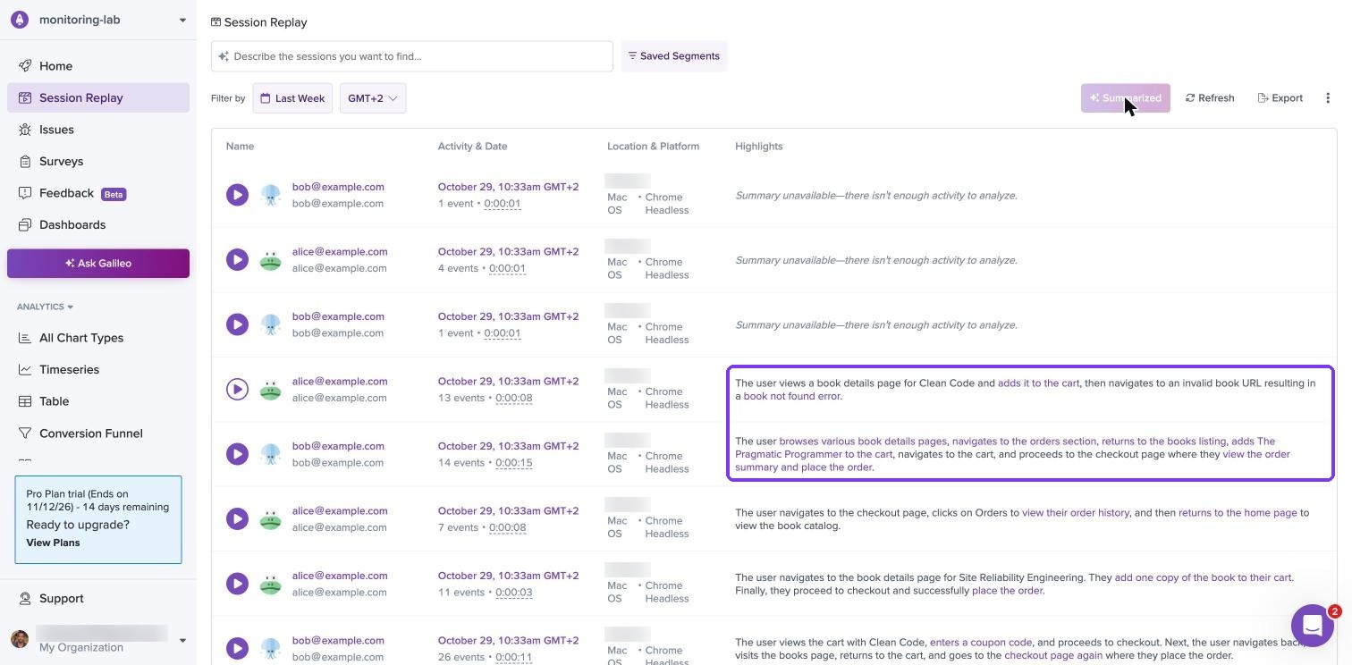 LogRocket session list with AI summaries in the Highlights column