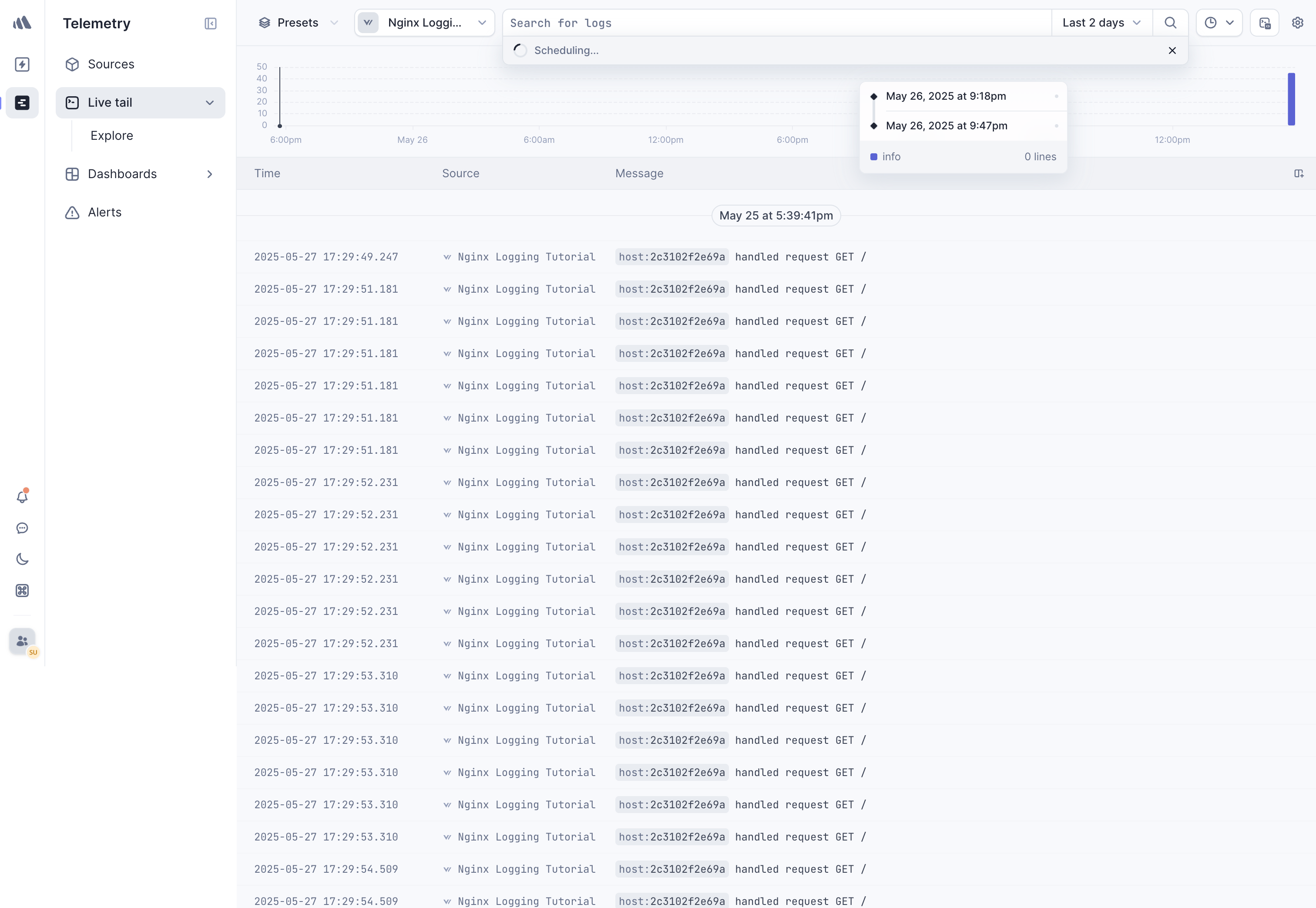 Better Stack Live tail interface displaying incoming Nginx access logs