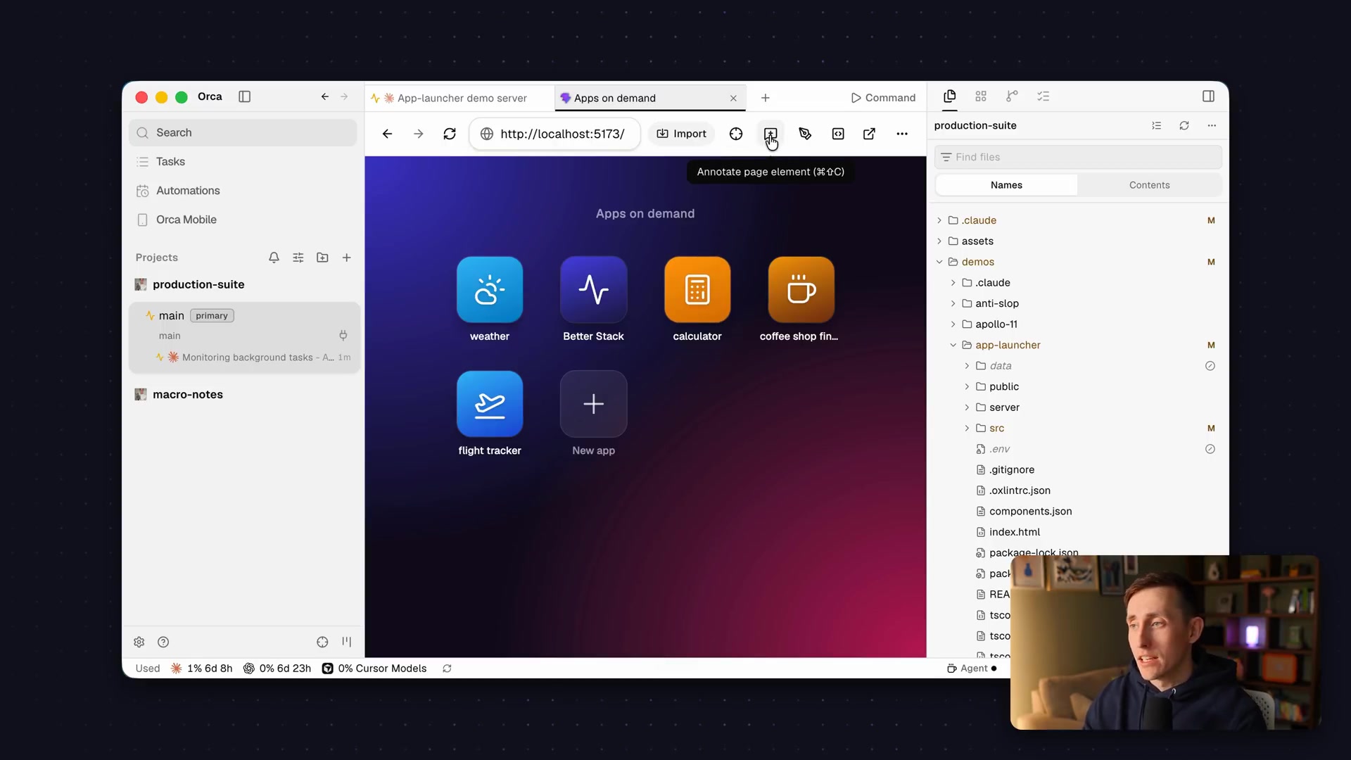 The in-app browser displaying a web application, with the "Annotate page element" tool activated and ready to select an element.
