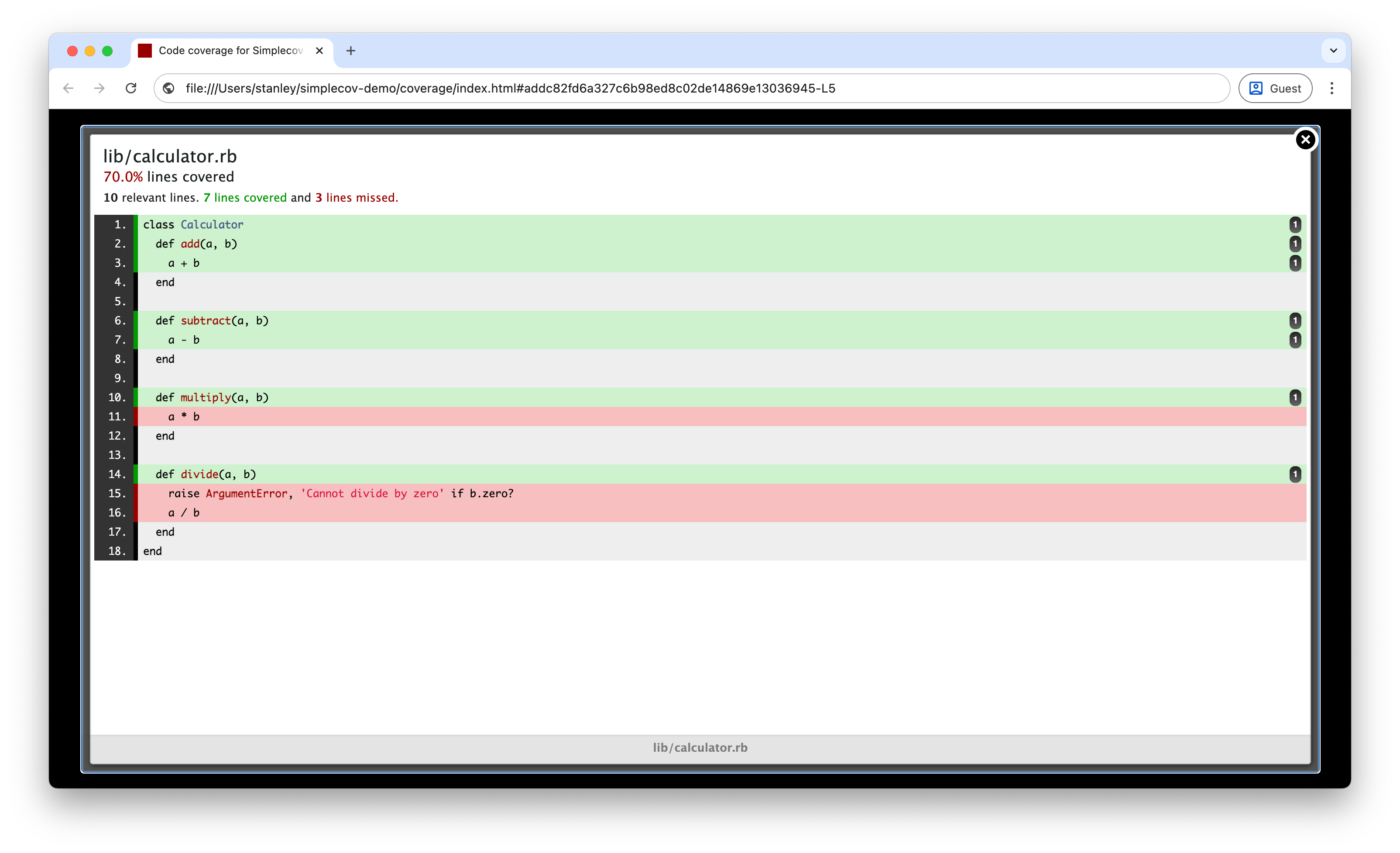 SimpleCov detailed file view showing line-by-line coverage with hit counts