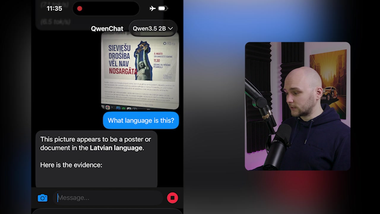 iPhone app showing the 2B model's response correctly identifying the language in an image as Latvian