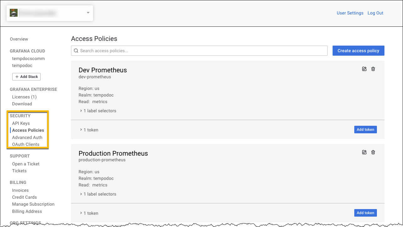 SCREENSHOT: Grafana Cloud enterprise compliance settings showing SOC 2, HIPAA, and FedRAMP certification indicators alongside data residency and BYOC deployment options