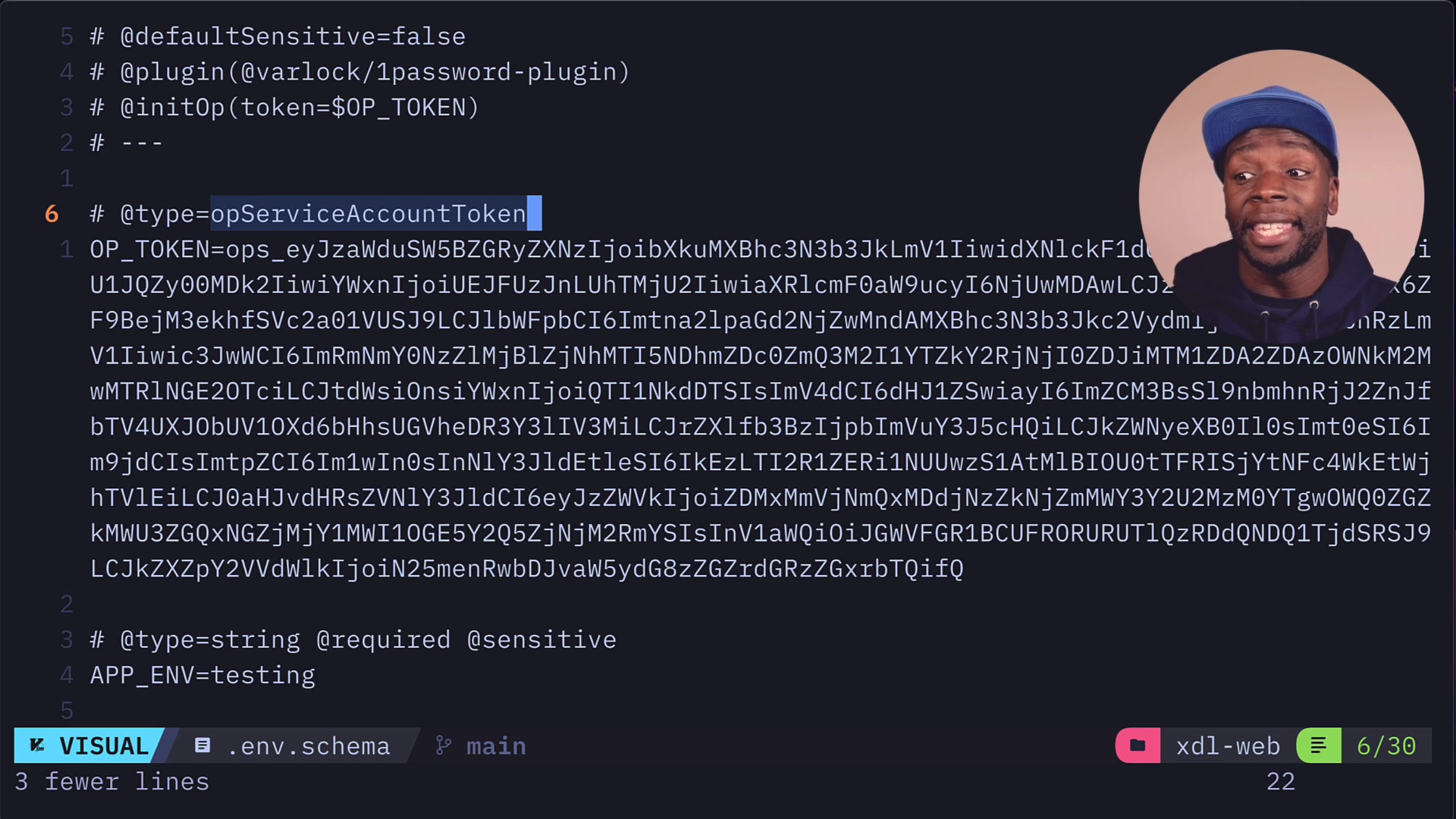 The .env.schema file showing the complete configuration for the 1Password plugin including the @plugin, @initOp, and OP_TOKEN variable with its special type