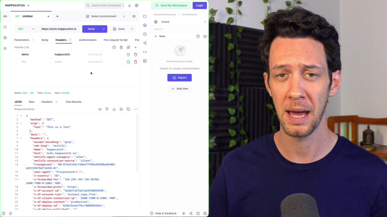 The JSON response body is displayed, with arrows pointing to the `args` object containing the "Test" parameter and the `headers` object containing the custom "Demo" headjpg