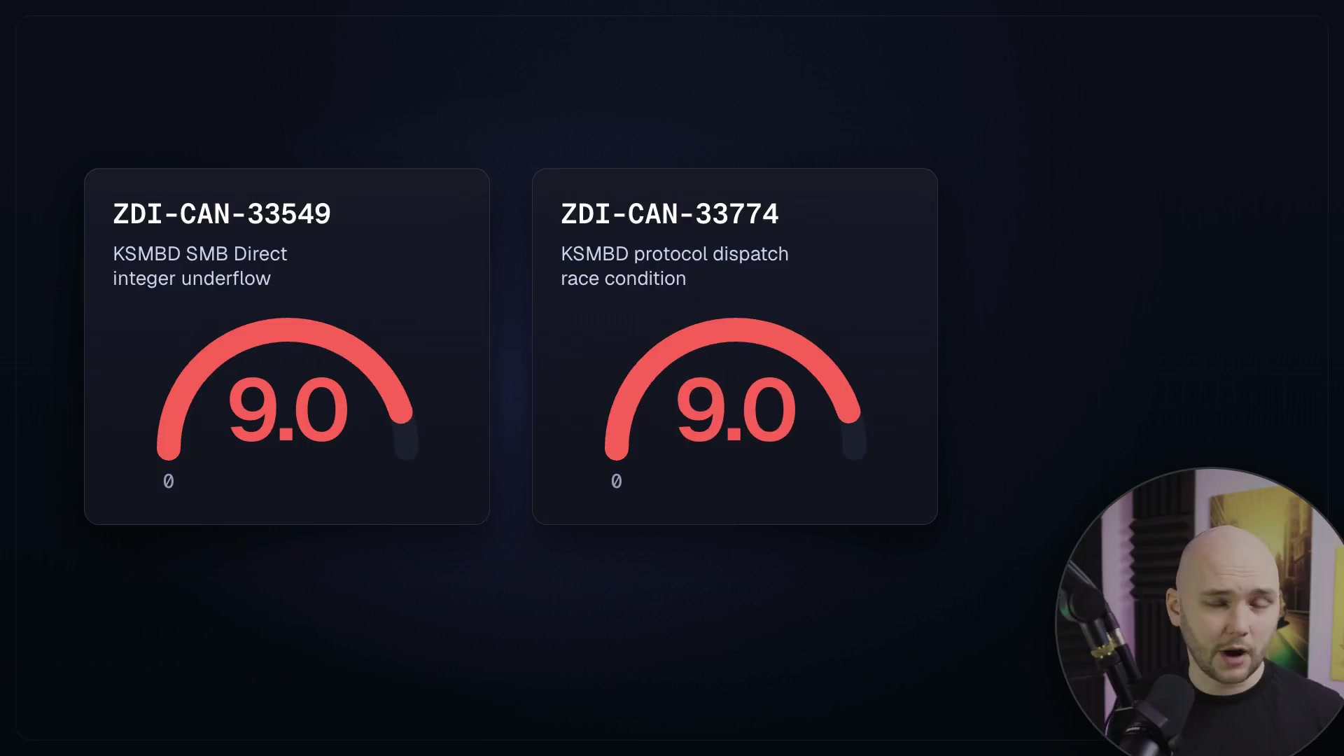 An animation of two CVSS dials spinning up to 9.0, each labeled with a vulnerability ID and the text "Remote code execution."
