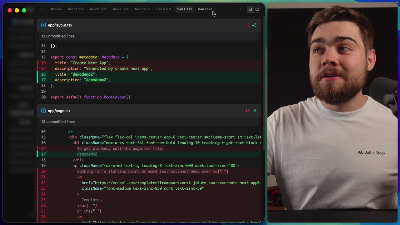 Detailed diff viewer showing a side-by-side comparison of file changes made by the agent