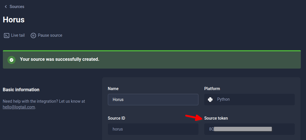 Logtail Source Token