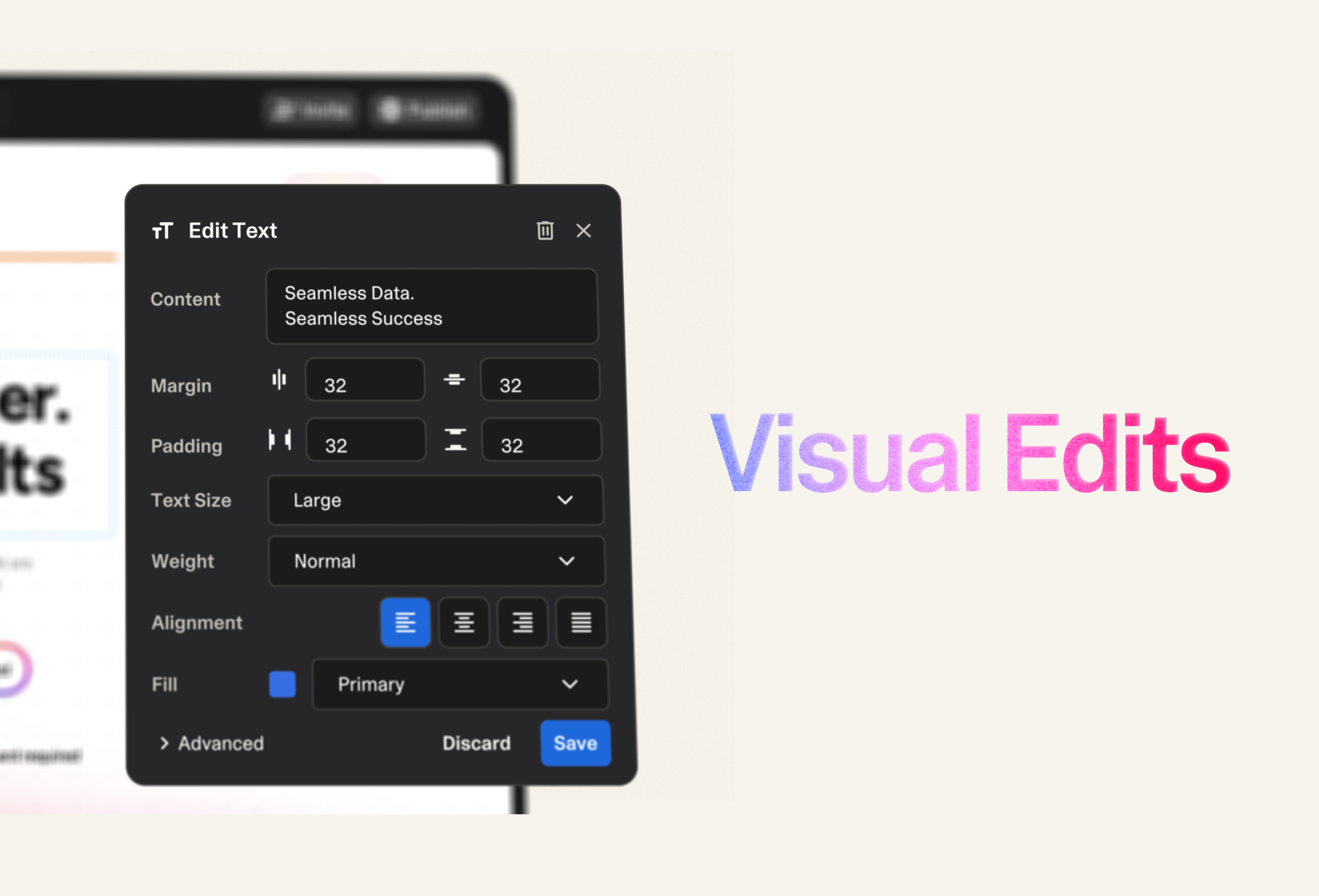 Screenshot: Lovable's Select feature highlighting a component for targeted editing, alongside the visual editor with Tailwind controls