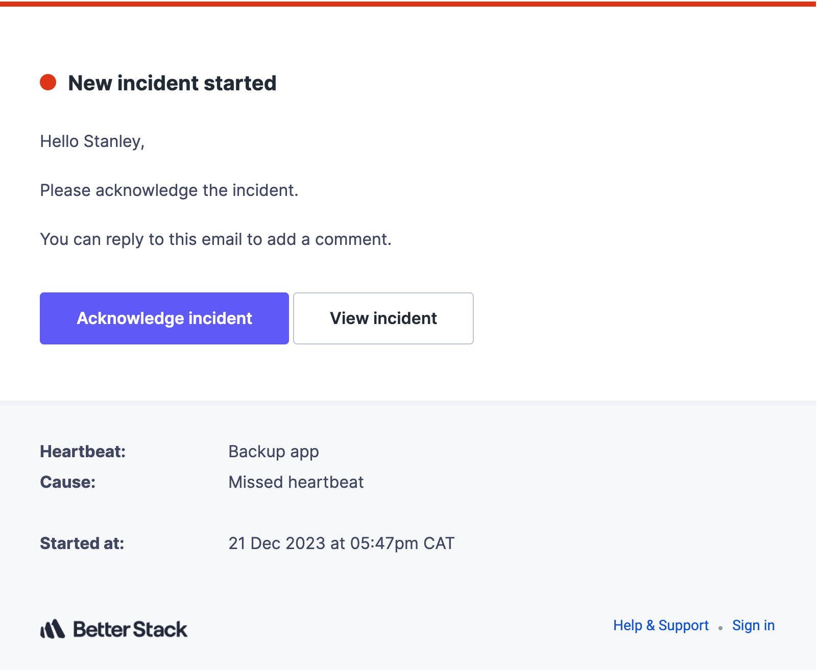 Screenshot of an email sent By Better Stack