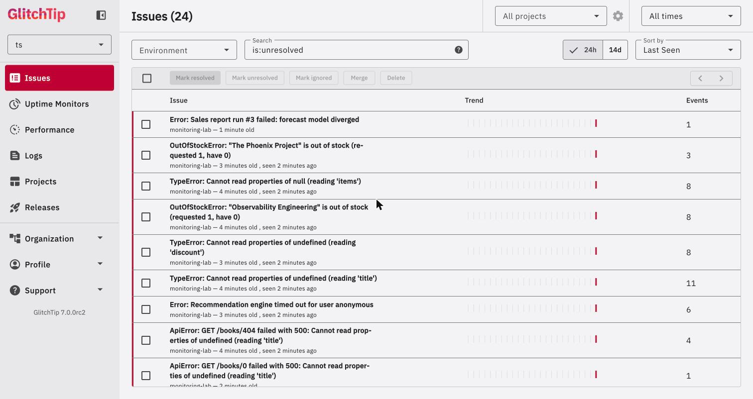 GlitchTip issues list after release 1.0.0