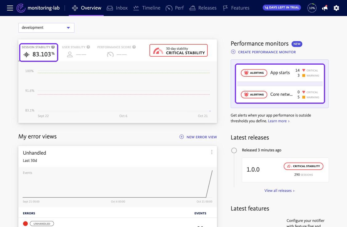 BugSnag overview with session stability for release 1.0.0
