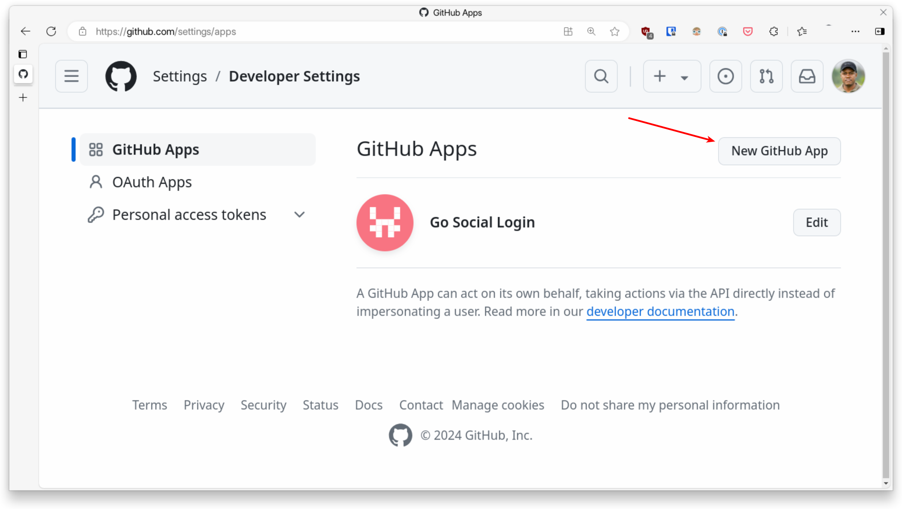 GitHub New App page