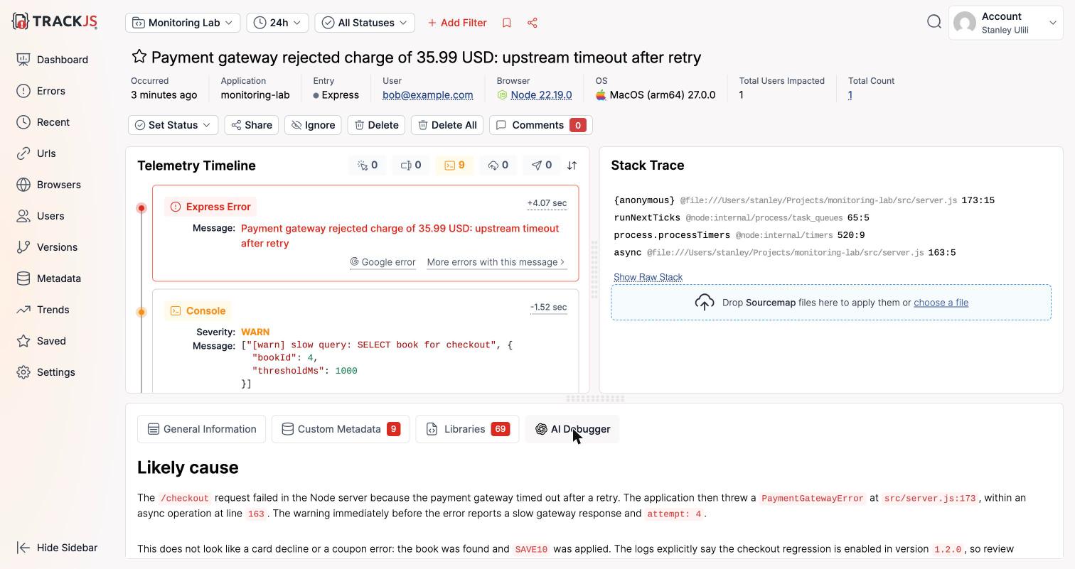 TrackJS AI Debugger on the payment error