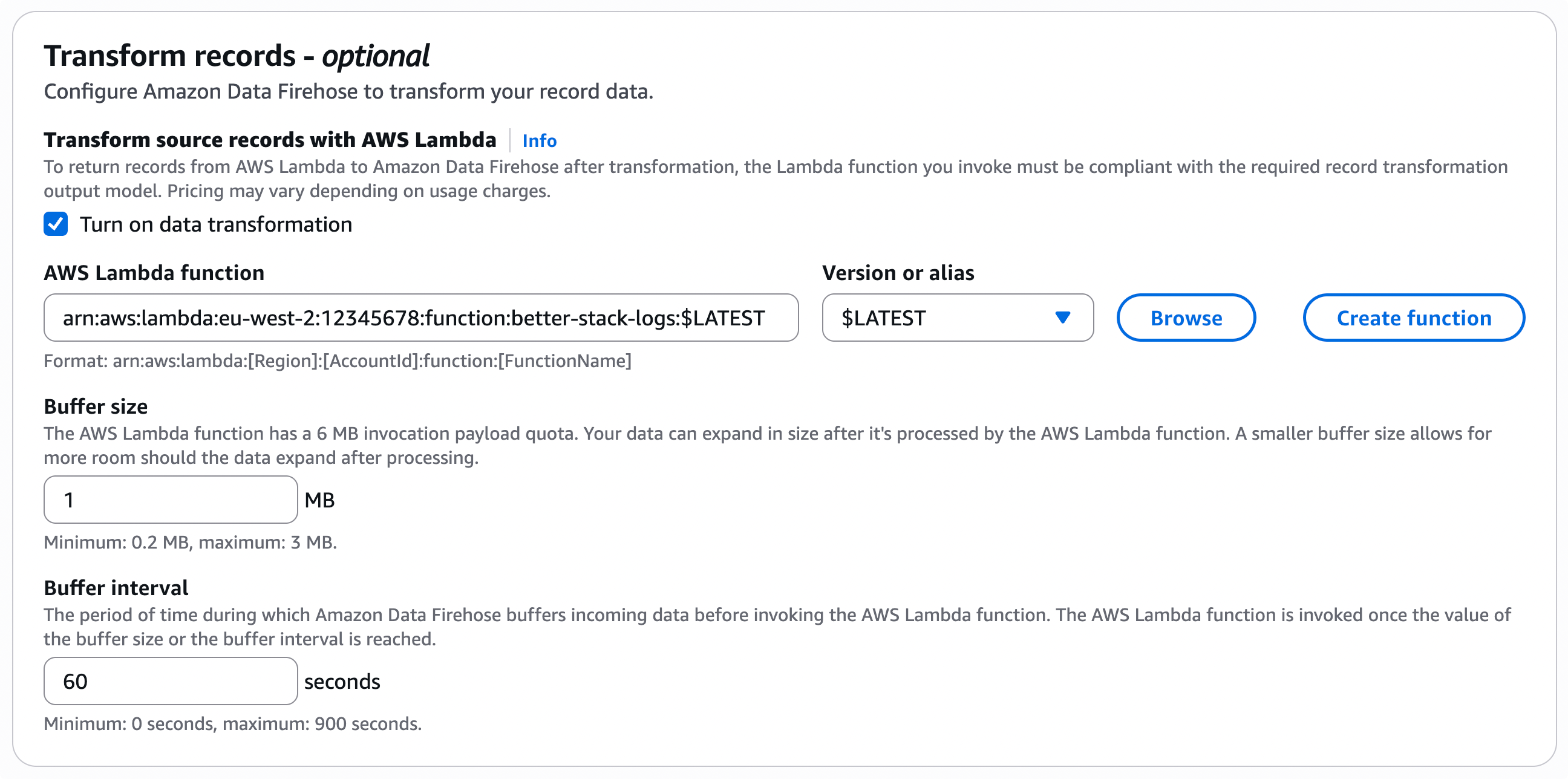 Lambda transformation settings