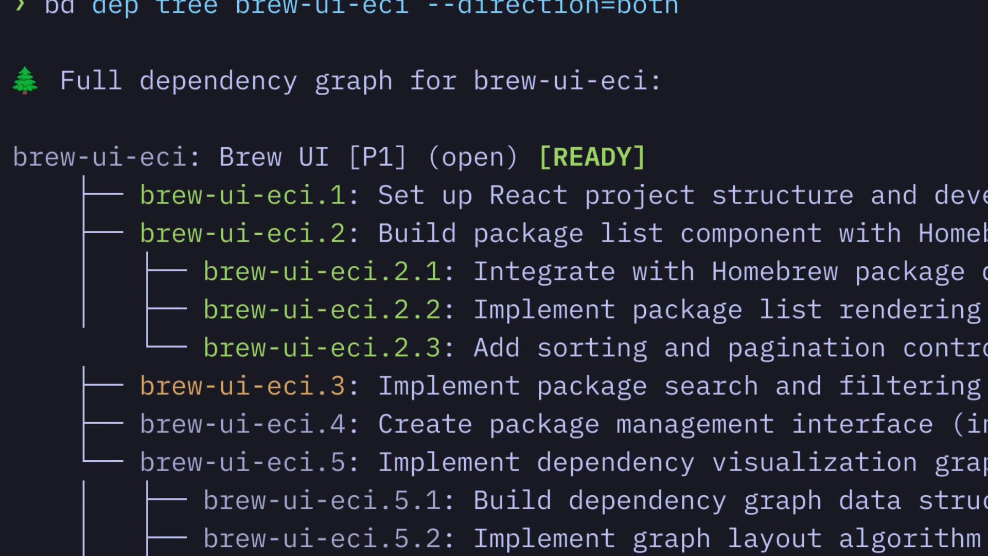 The dependency graph shown in the terminal, highlighting how explicit relationships guide the agent.