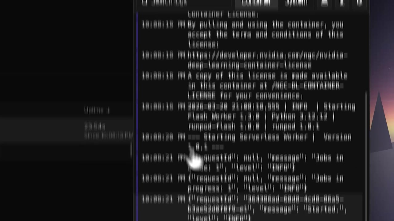 Runpod dashboard logs showing the automatic installation of Python dependencies on the remote worker