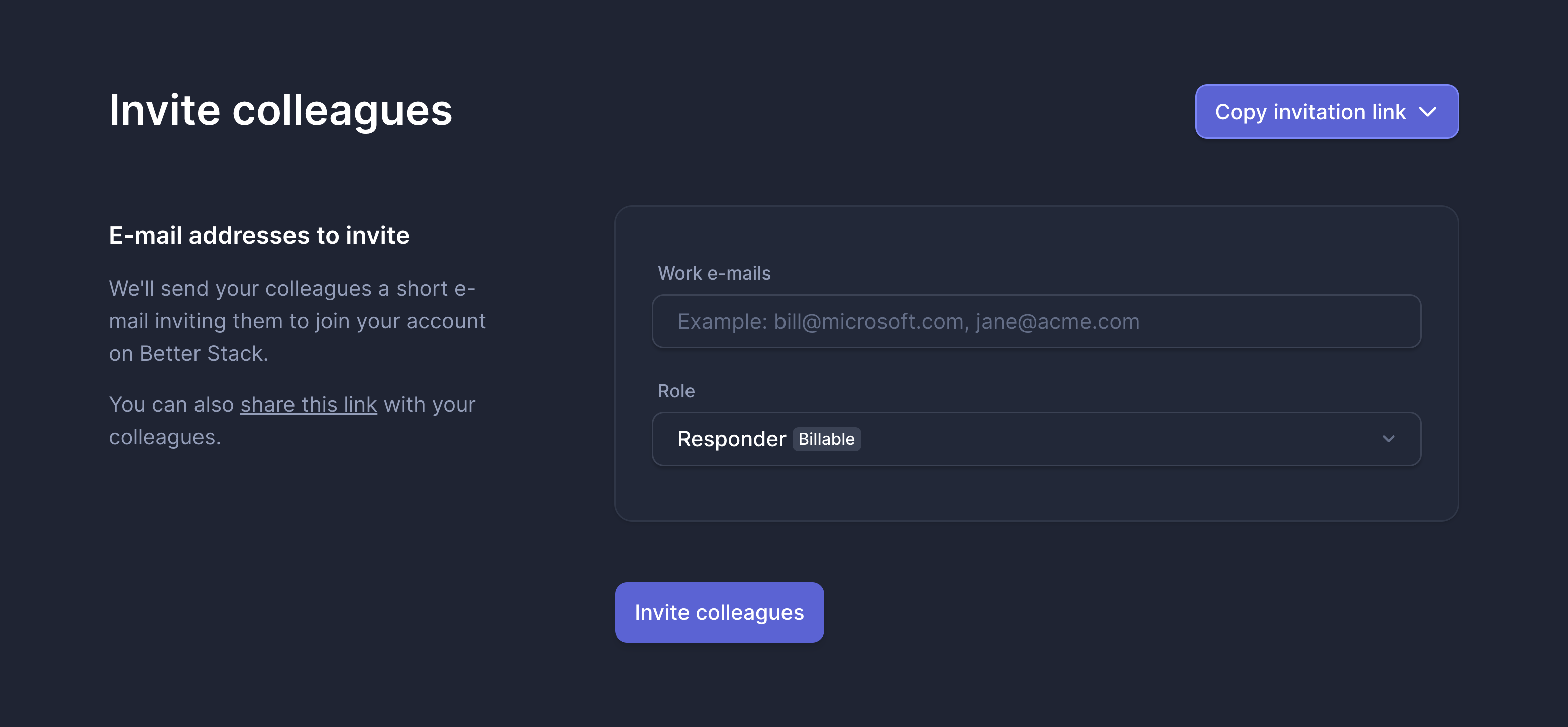 Invite colleagues form with work e-mails field and role select