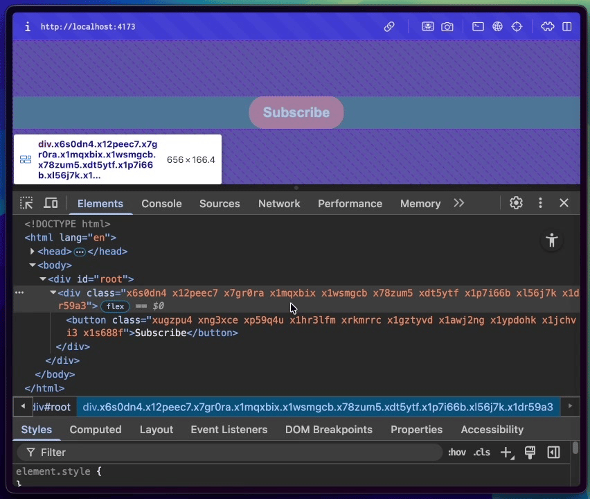A browser inspector view of an element styled with StyleX, showing the resulting string of atomic class names generated by `stylex.props()`.