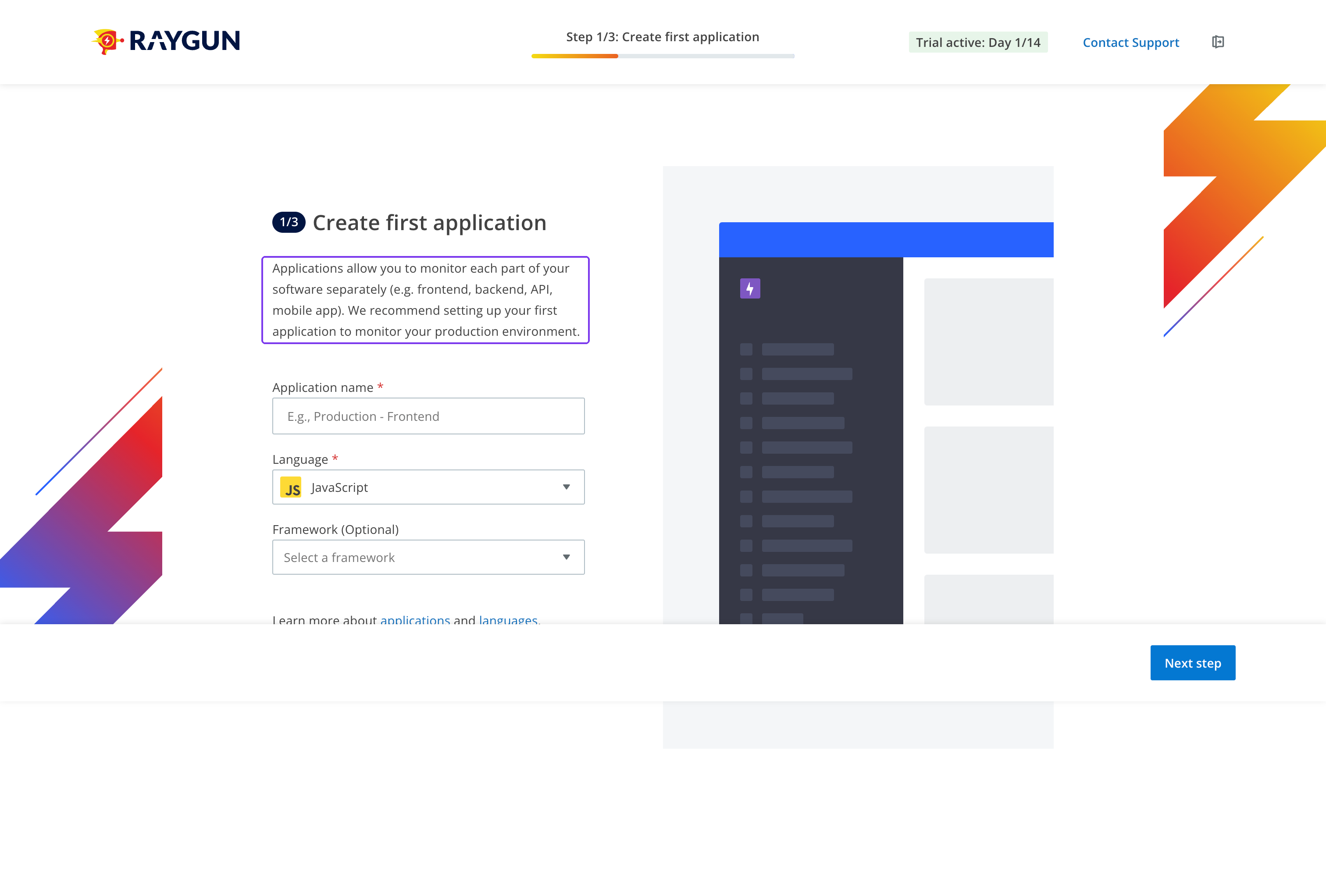 Raygun onboarding step to create the first application