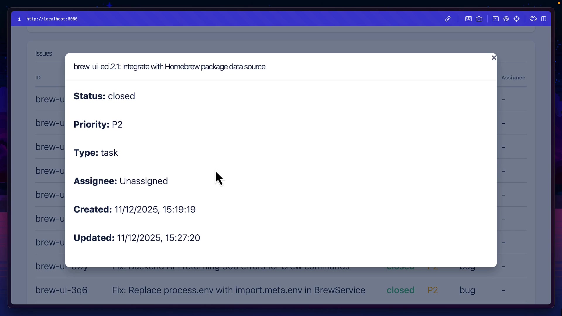 A screenshot of the clean and simple Beads web UI, listing issues with their status, priority, and type.